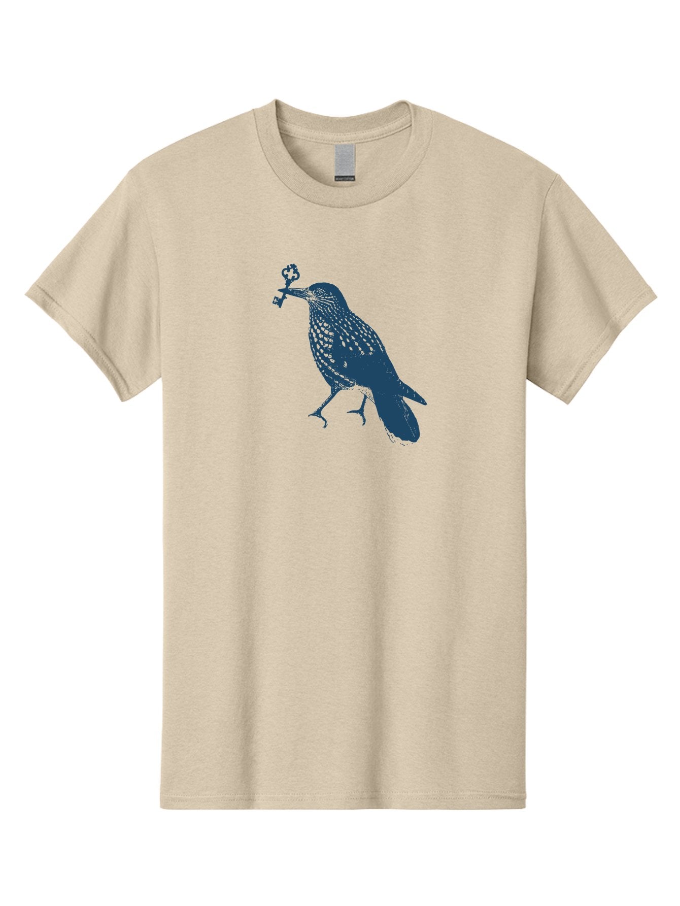 Bird-With-Key Men'S Graphic Tee, 100% Cotton, Comfortable Casual Summer Wear, Machine Washable, Bird Holding Key, Symbolic Illustration, Mysterious Artwork, Dark Blue Silhouette, Unique Key Design, Ornate Key Details, Aae143 3