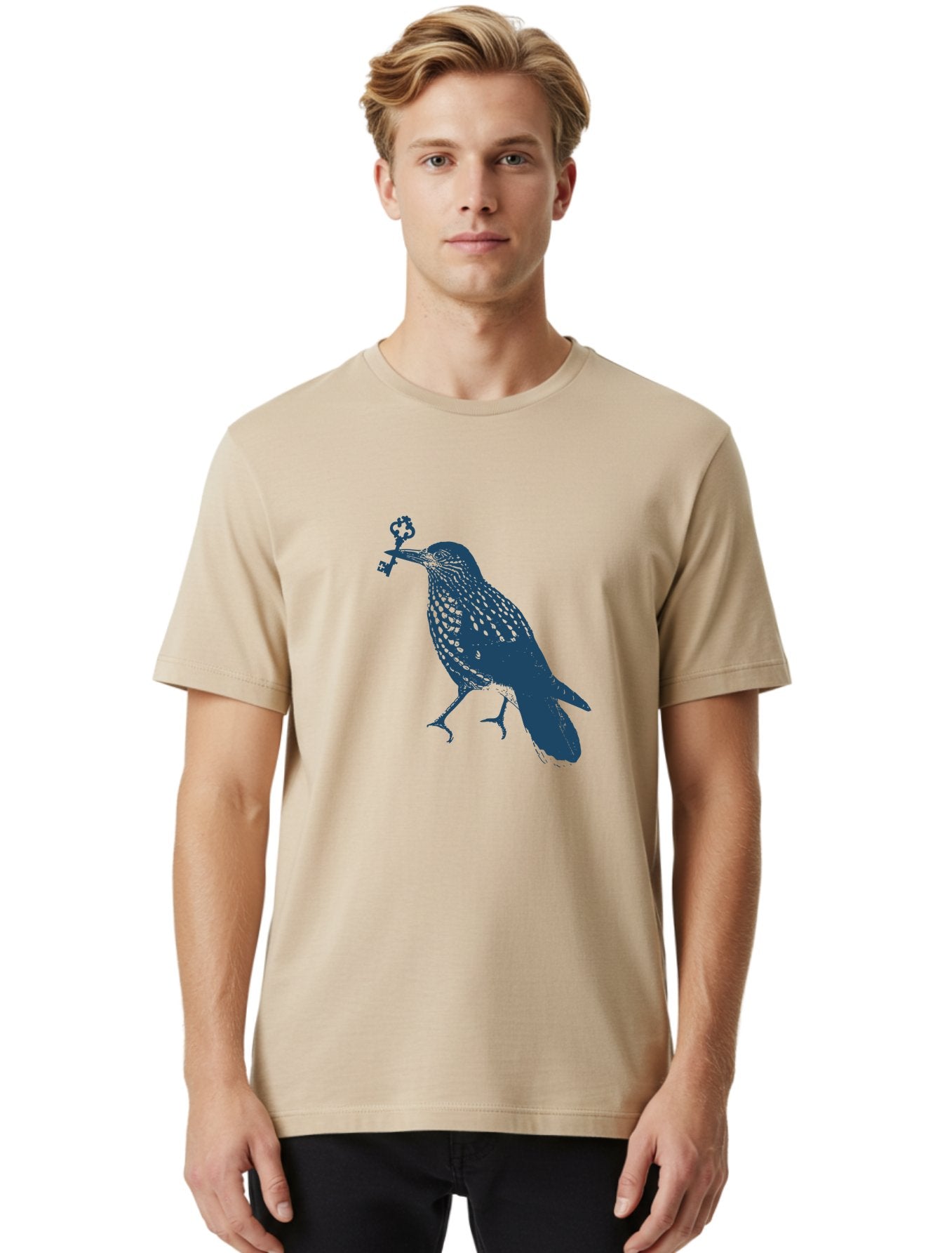 Bird-With-Key Men'S Graphic Tee, 100% Cotton, Comfortable Casual Summer Wear, Machine Washable, Bird Holding Key, Symbolic Illustration, Mysterious Artwork, Dark Blue Silhouette, Unique Key Design, Ornate Key Details, Aae143 22