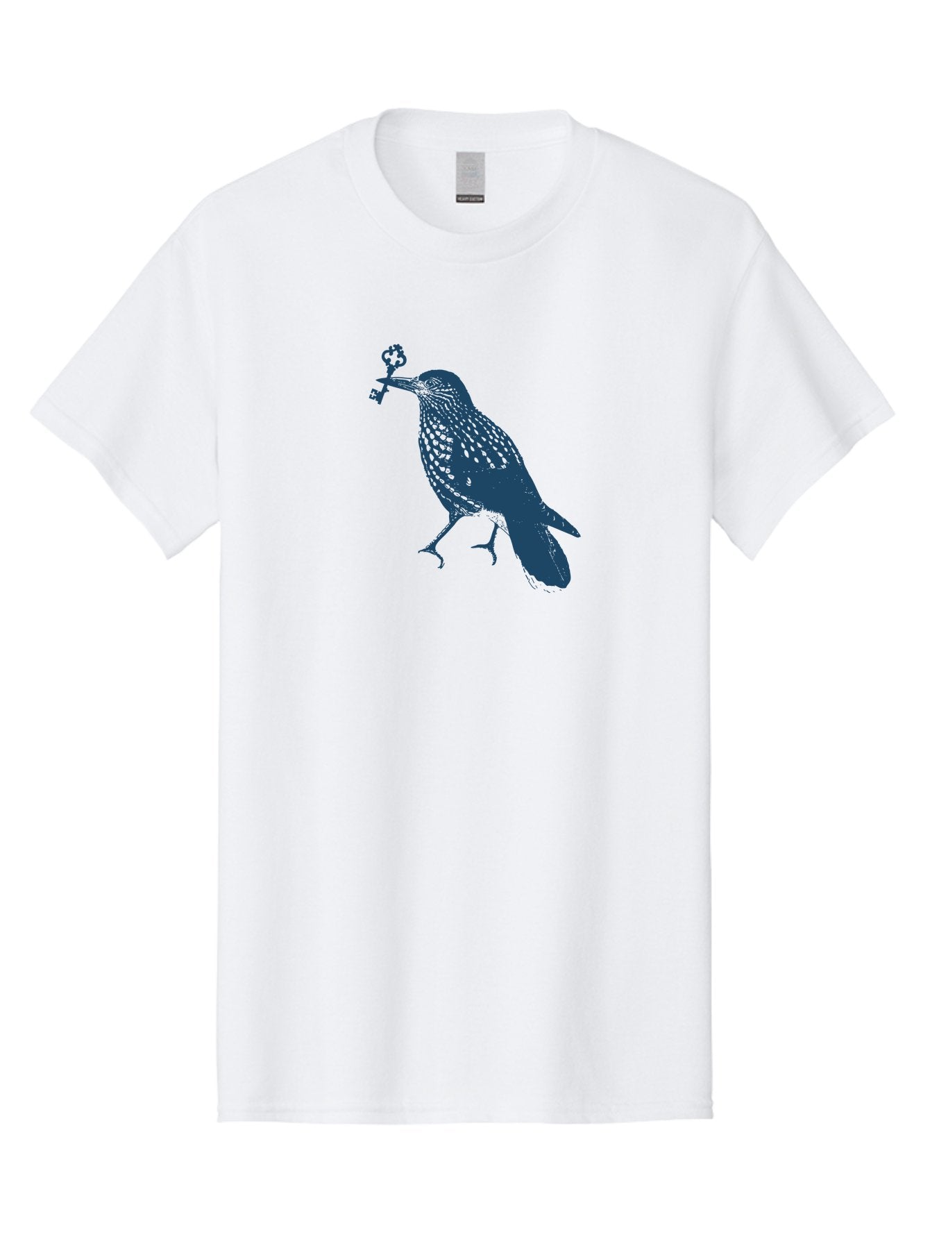 Bird-With-Key Men'S Graphic Tee, 100% Cotton, Comfortable Casual Summer Wear, Machine Washable, Bird Holding Key, Symbolic Illustration, Mysterious Artwork, Dark Blue Silhouette, Unique Key Design, Ornate Key Details, Aae143 9