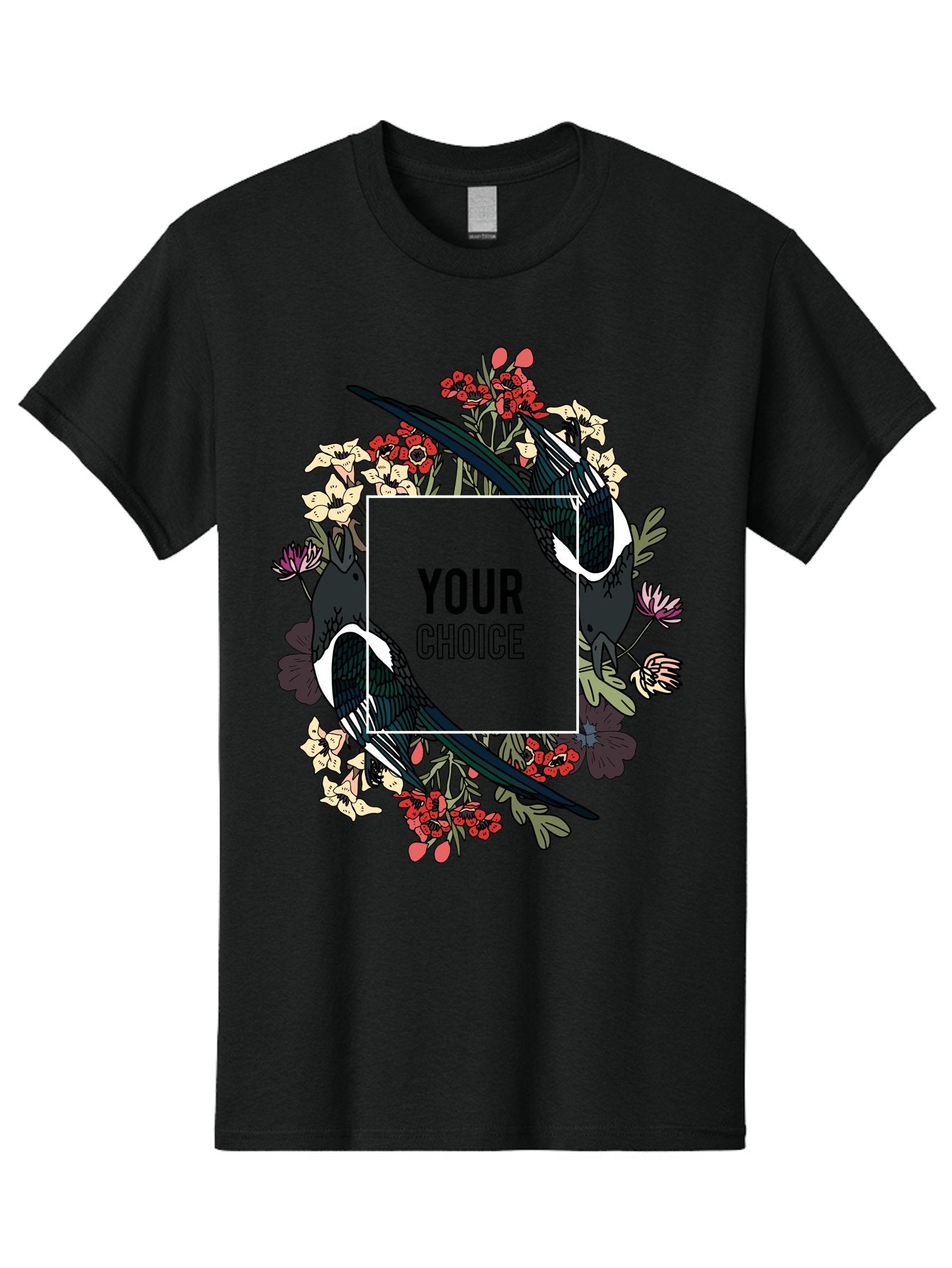 Birds Men'S Graphic Tee, 100% Cotton, Comfortable Casual Summer Wear, Machine Washable, Black And White Magpies, Floral Wreath, Red And White Flowers, Bold Typography, Modern Design, Creative Freedom, Custom Choice, Personalized Options Aae145 5