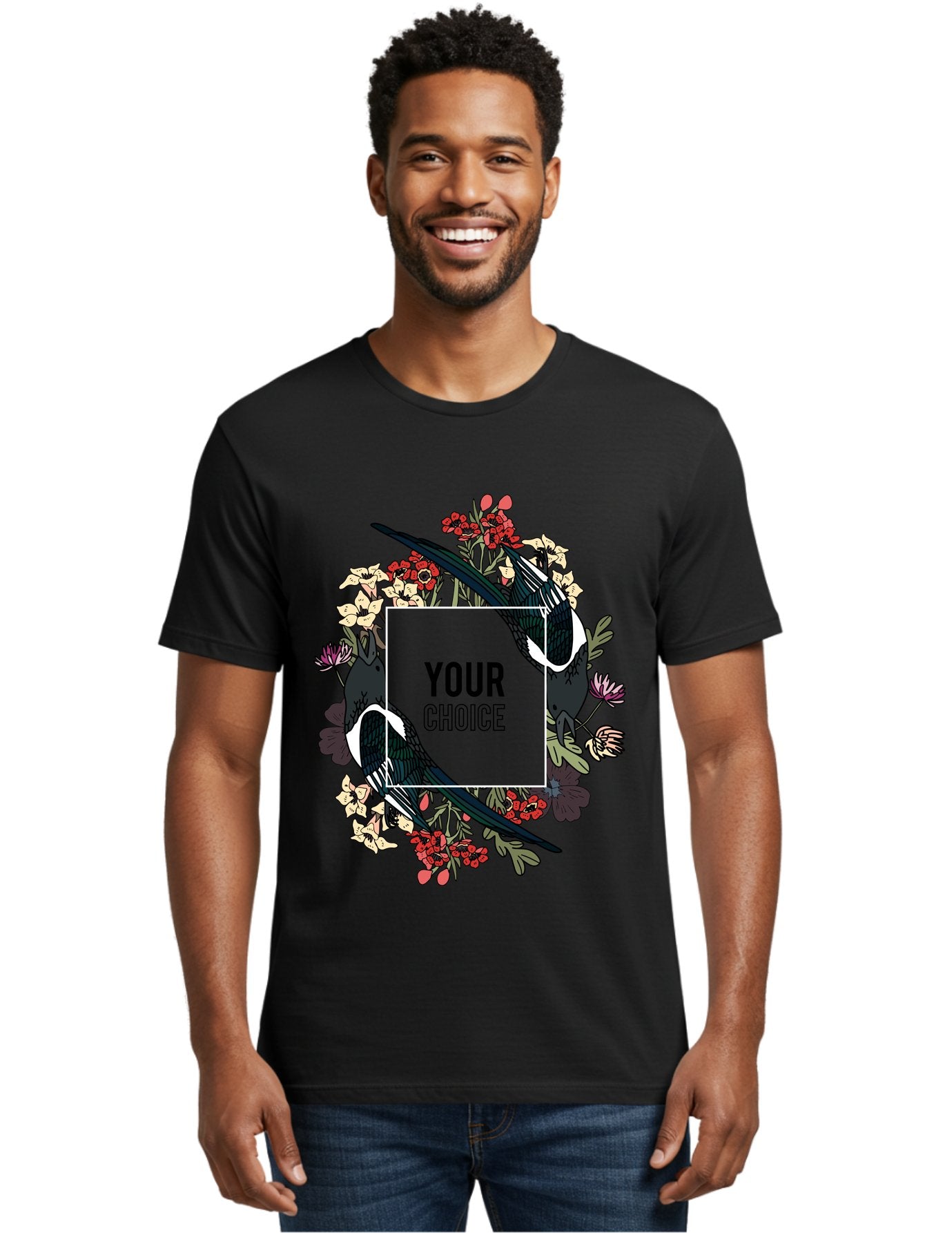Birds Men'S Graphic Tee, 100% Cotton, Comfortable Casual Summer Wear, Machine Washable, Black And White Magpies, Floral Wreath, Red And White Flowers, Bold Typography, Modern Design, Creative Freedom, Custom Choice, Personalized Options Aae145 23
