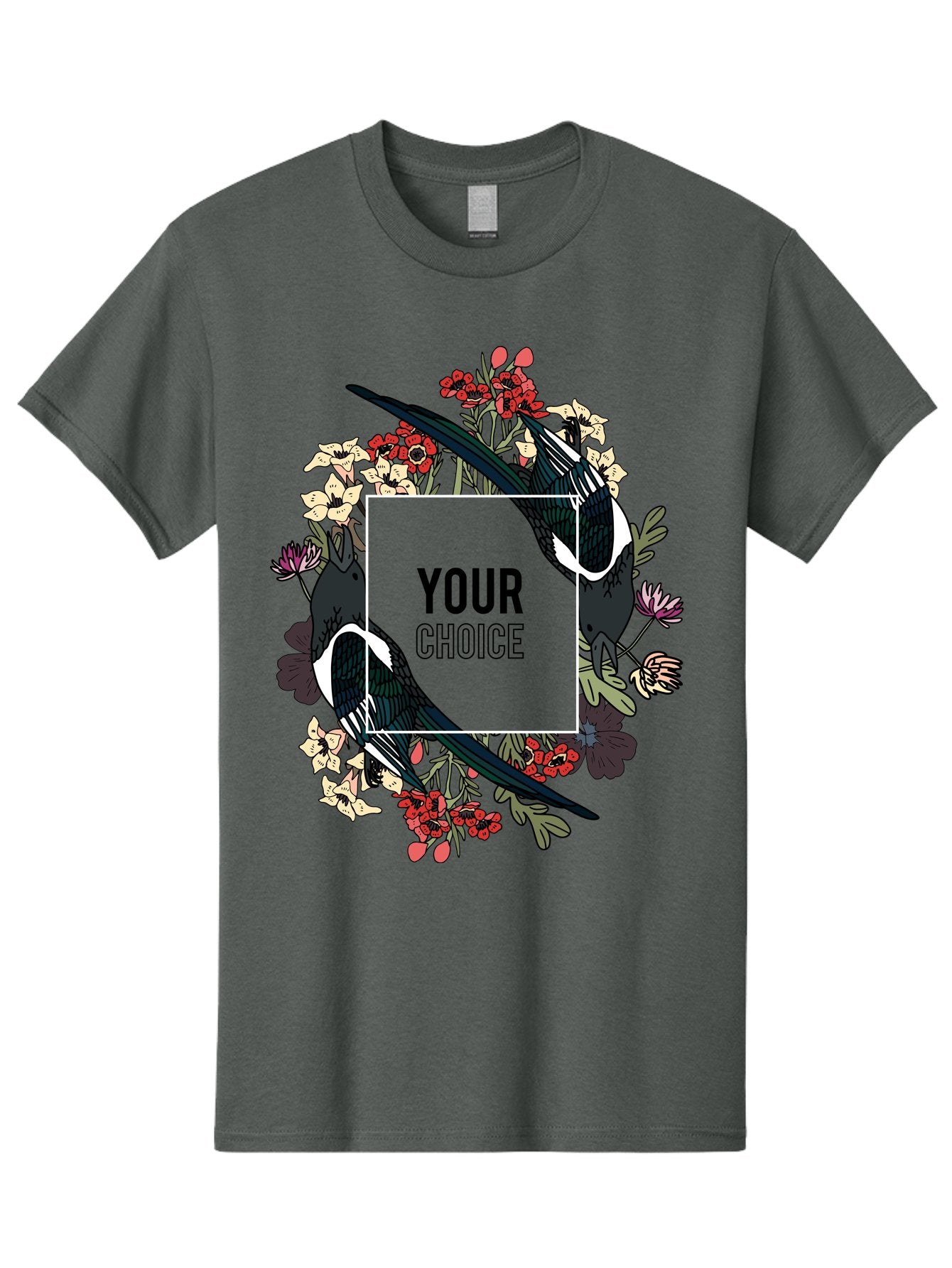 Birds Men'S Graphic Tee, 100% Cotton, Comfortable Casual Summer Wear, Machine Washable, Black And White Magpies, Floral Wreath, Red And White Flowers, Bold Typography, Modern Design, Creative Freedom, Custom Choice, Personalized Options Aae145