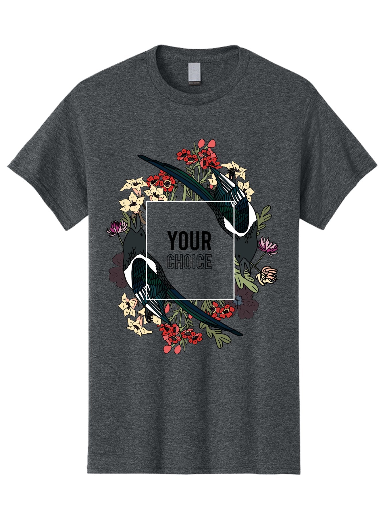Birds Men'S Graphic Tee, 100% Cotton, Comfortable Casual Summer Wear, Machine Washable, Black And White Magpies, Floral Wreath, Red And White Flowers, Bold Typography, Modern Design, Creative Freedom, Custom Choice, Personalized Options Aae145 4