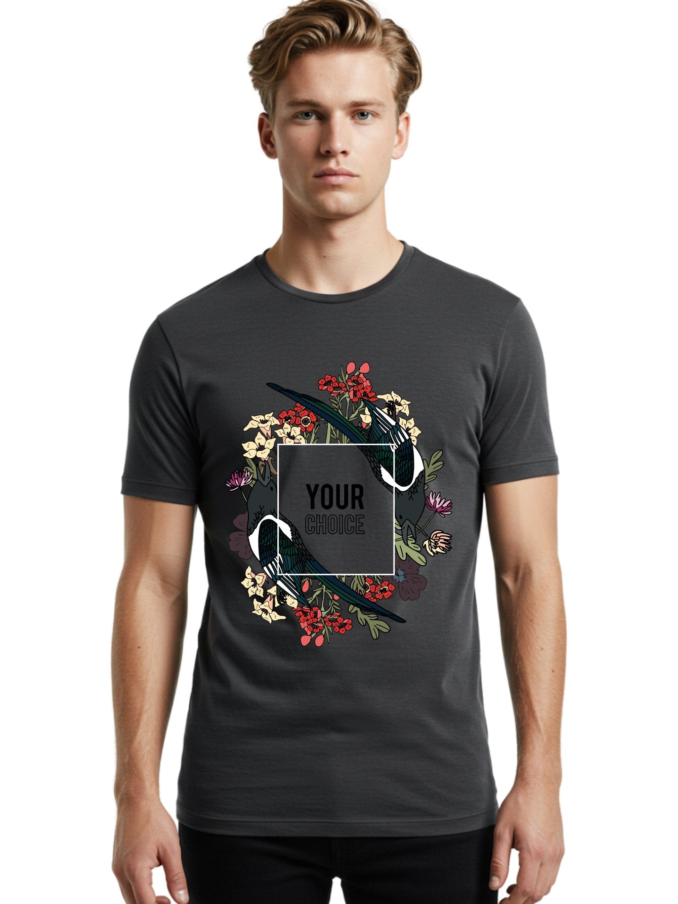 Birds Men'S Graphic Tee, 100% Cotton, Comfortable Casual Summer Wear, Machine Washable, Black And White Magpies, Floral Wreath, Red And White Flowers, Bold Typography, Modern Design, Creative Freedom, Custom Choice, Personalized Options Aae145 18