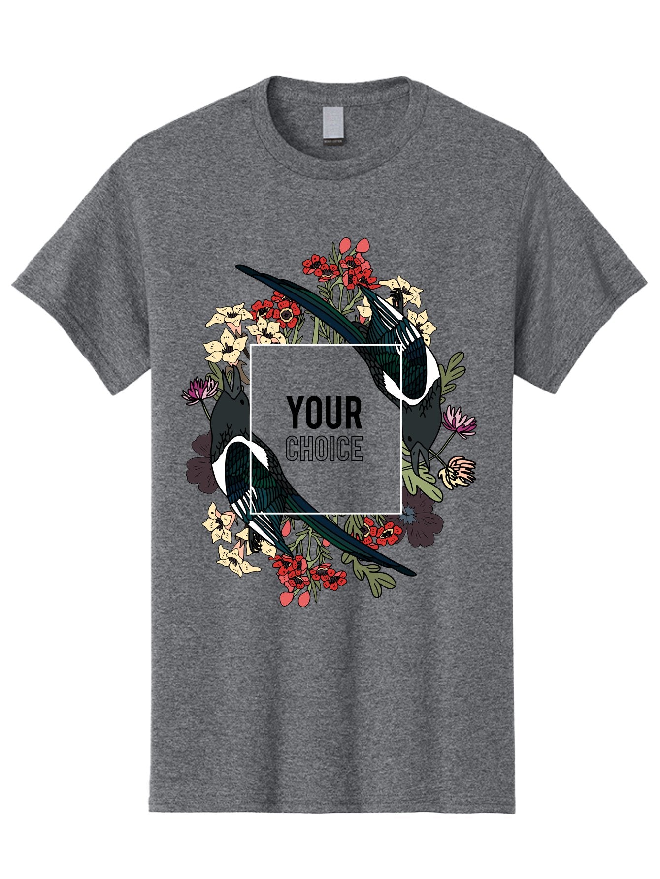 Birds Men'S Graphic Tee, 100% Cotton, Comfortable Casual Summer Wear, Machine Washable, Black And White Magpies, Floral Wreath, Red And White Flowers, Bold Typography, Modern Design, Creative Freedom, Custom Choice, Personalized Options Aae145 11