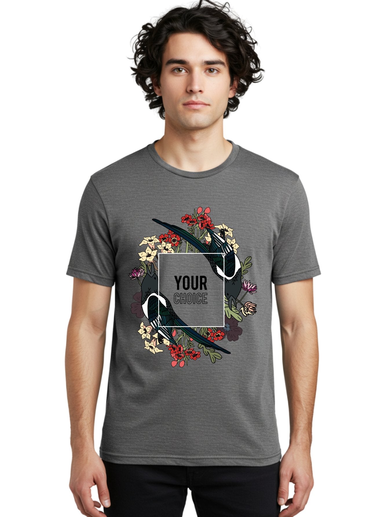 Birds Men'S Graphic Tee, 100% Cotton, Comfortable Casual Summer Wear, Machine Washable, Black And White Magpies, Floral Wreath, Red And White Flowers, Bold Typography, Modern Design, Creative Freedom, Custom Choice, Personalized Options Aae145 27