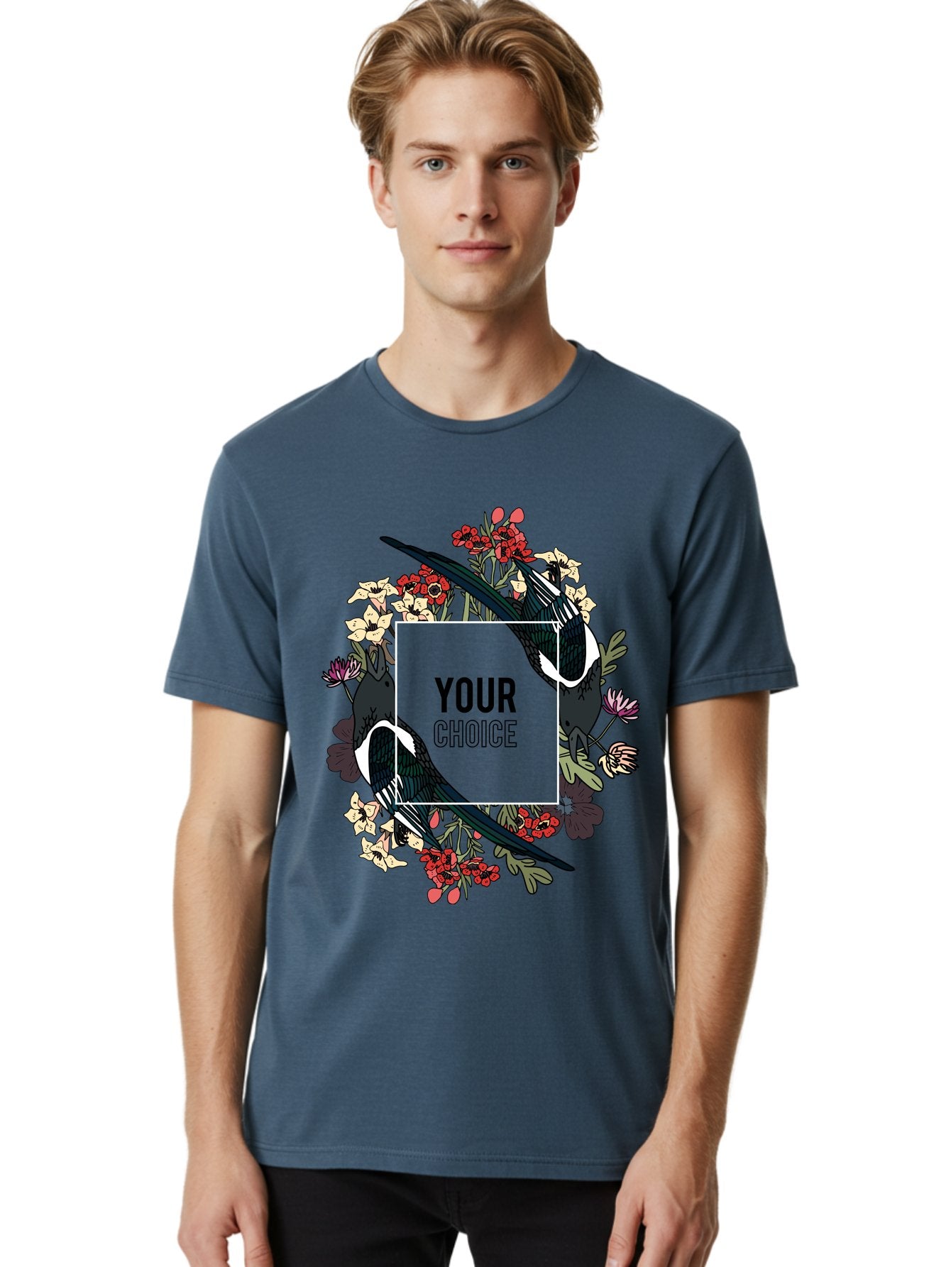 Birds Men'S Graphic Tee, 100% Cotton, Comfortable Casual Summer Wear, Machine Washable, Black And White Magpies, Floral Wreath, Red And White Flowers, Bold Typography, Modern Design, Creative Freedom, Custom Choice, Personalized Options Aae145 28