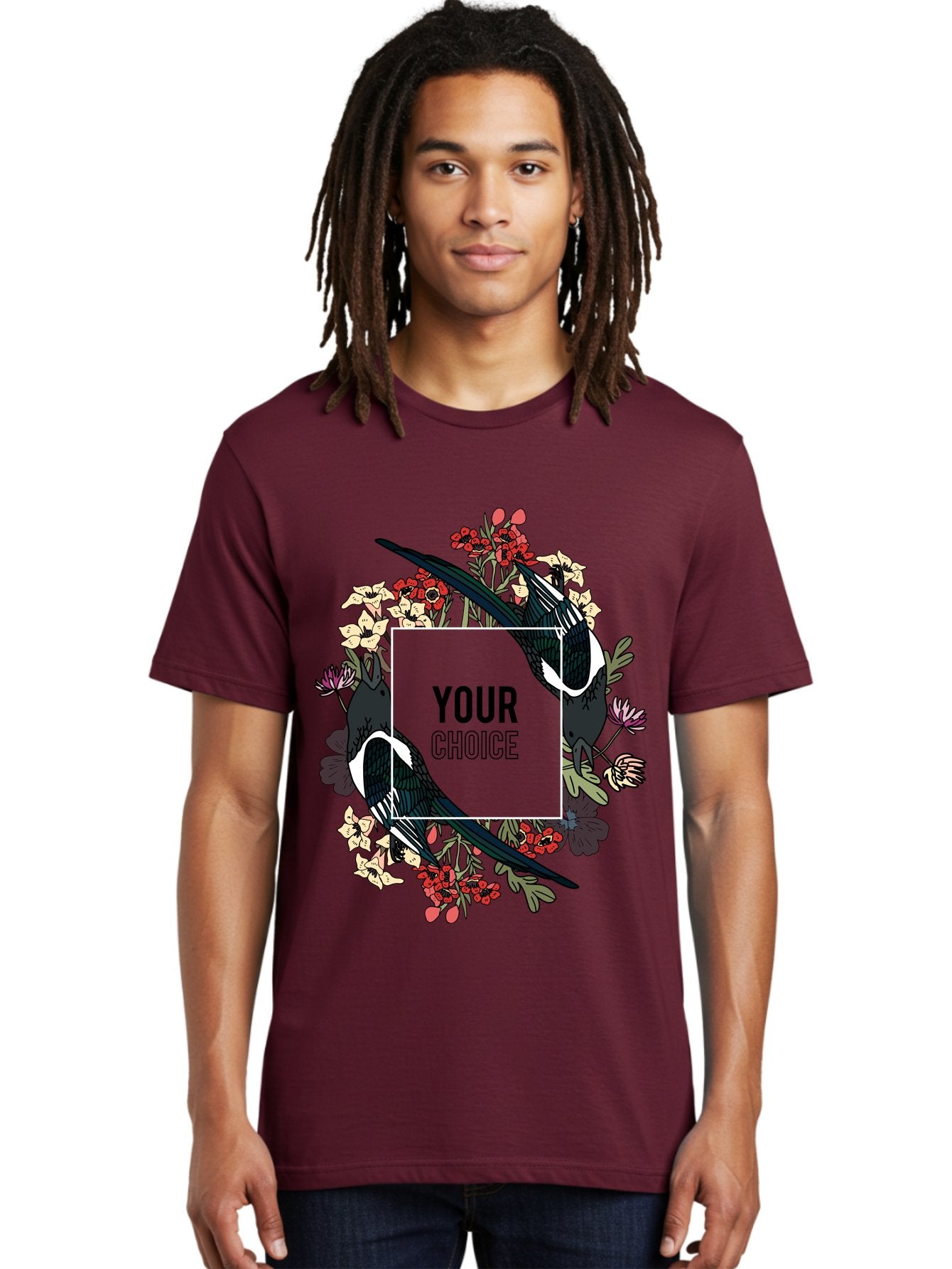 Birds Men'S Graphic Tee, 100% Cotton, Comfortable Casual Summer Wear, Machine Washable, Black And White Magpies, Floral Wreath, Red And White Flowers, Bold Typography, Modern Design, Creative Freedom, Custom Choice, Personalized Options Aae145 16