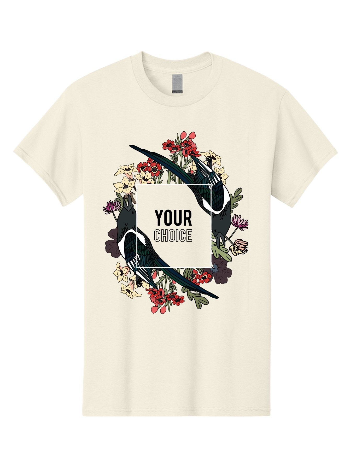 Birds Men'S Graphic Tee, 100% Cotton, Comfortable Casual Summer Wear, Machine Washable, Black And White Magpies, Floral Wreath, Red And White Flowers, Bold Typography, Modern Design, Creative Freedom, Custom Choice, Personalized Options Aae145 6