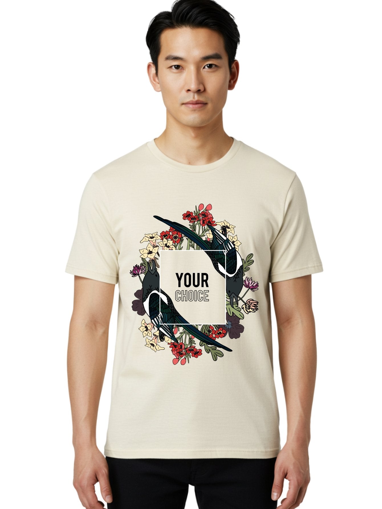 Birds Men'S Graphic Tee, 100% Cotton, Comfortable Casual Summer Wear, Machine Washable, Black And White Magpies, Floral Wreath, Red And White Flowers, Bold Typography, Modern Design, Creative Freedom, Custom Choice, Personalized Options Aae145 24