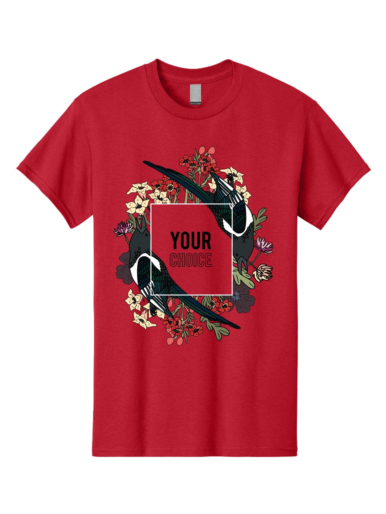 Birds Men'S Graphic Tee, 100% Cotton, Comfortable Casual Summer Wear, Machine Washable, Black And White Magpies, Floral Wreath, Red And White Flowers, Bold Typography, Modern Design, Creative Freedom, Custom Choice, Personalized Options Aae145 13