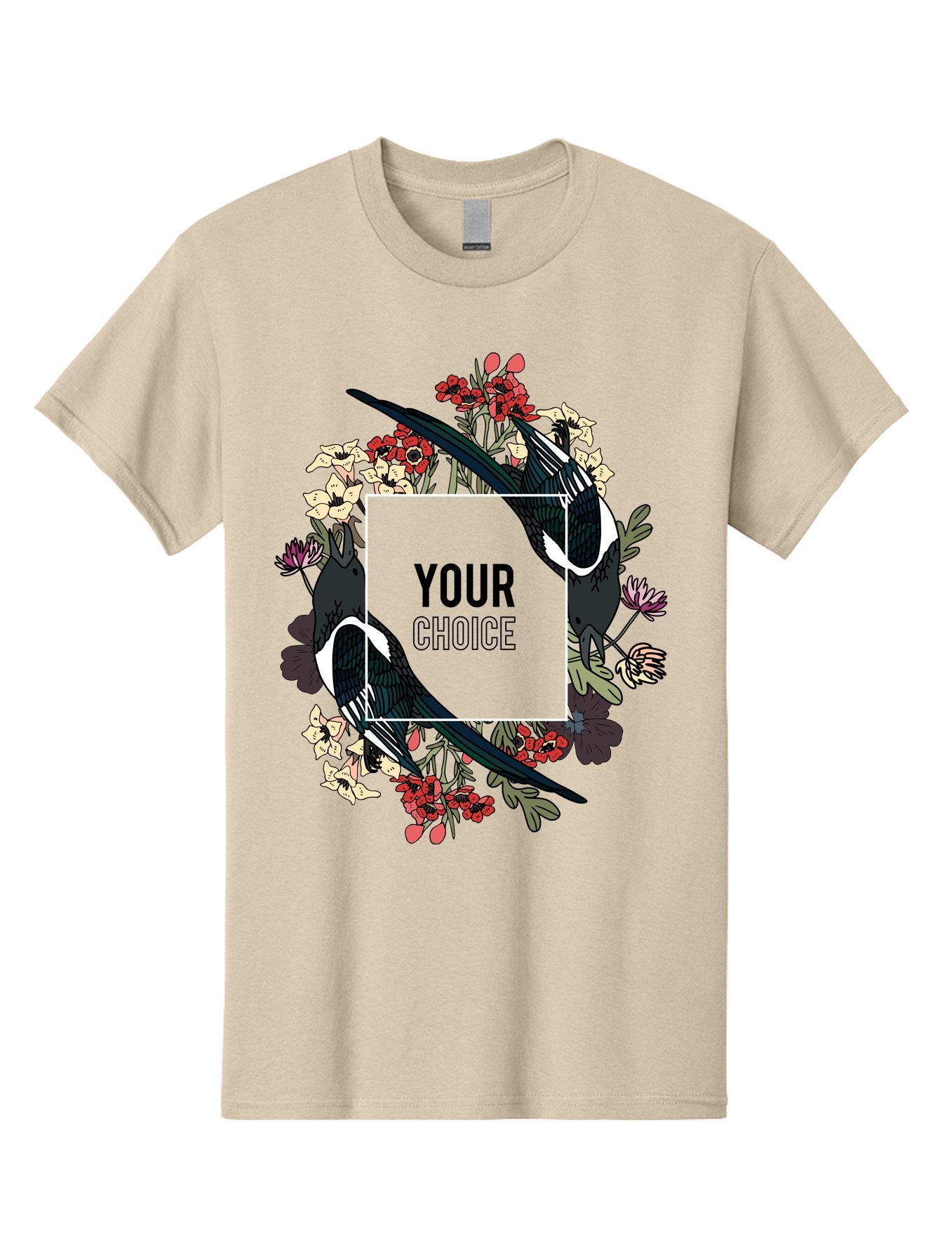 Birds Men'S Graphic Tee, 100% Cotton, Comfortable Casual Summer Wear, Machine Washable, Black And White Magpies, Floral Wreath, Red And White Flowers, Bold Typography, Modern Design, Creative Freedom, Custom Choice, Personalized Options Aae145 3
