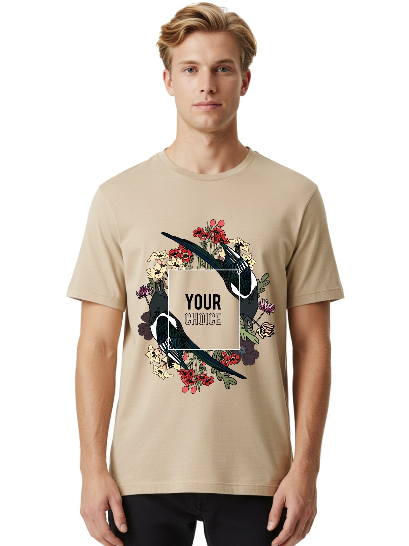 Birds Men'S Graphic Tee, 100% Cotton, Comfortable Casual Summer Wear, Machine Washable, Black And White Magpies, Floral Wreath, Red And White Flowers, Bold Typography, Modern Design, Creative Freedom, Custom Choice, Personalized Options Aae145 22