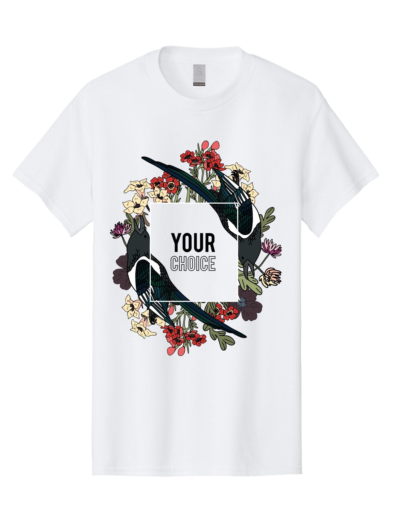 Birds Men'S Graphic Tee, 100% Cotton, Comfortable Casual Summer Wear, Machine Washable, Black And White Magpies, Floral Wreath, Red And White Flowers, Bold Typography, Modern Design, Creative Freedom, Custom Choice, Personalized Options Aae145 10