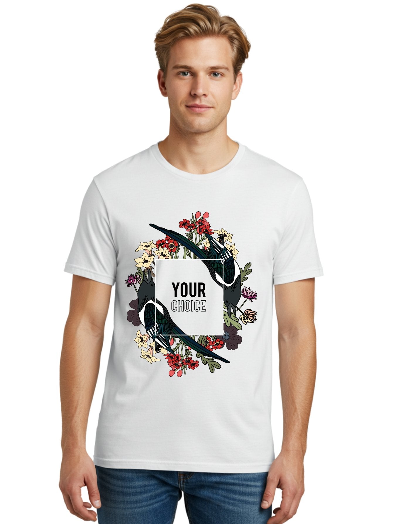 Birds Men'S Graphic Tee, 100% Cotton, Comfortable Casual Summer Wear, Machine Washable, Black And White Magpies, Floral Wreath, Red And White Flowers, Bold Typography, Modern Design, Creative Freedom, Custom Choice, Personalized Options Aae145 17