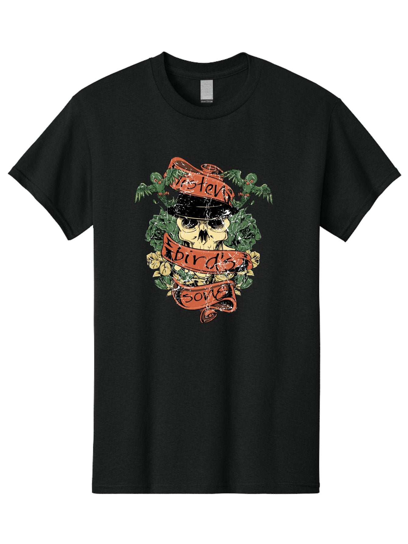 Birds & Bones Men'S Graphic Tee, 100% Cotton, Comfortable Casual Summer Wear, Machine Washable, Skull Wearing Black Hat, Floral Wreath, Red Ribbons, Steve Bird'S Song, Vintage Illustration, Tattoo Art, Grunge Style, Floral Design, Skull Art Aae146 12
