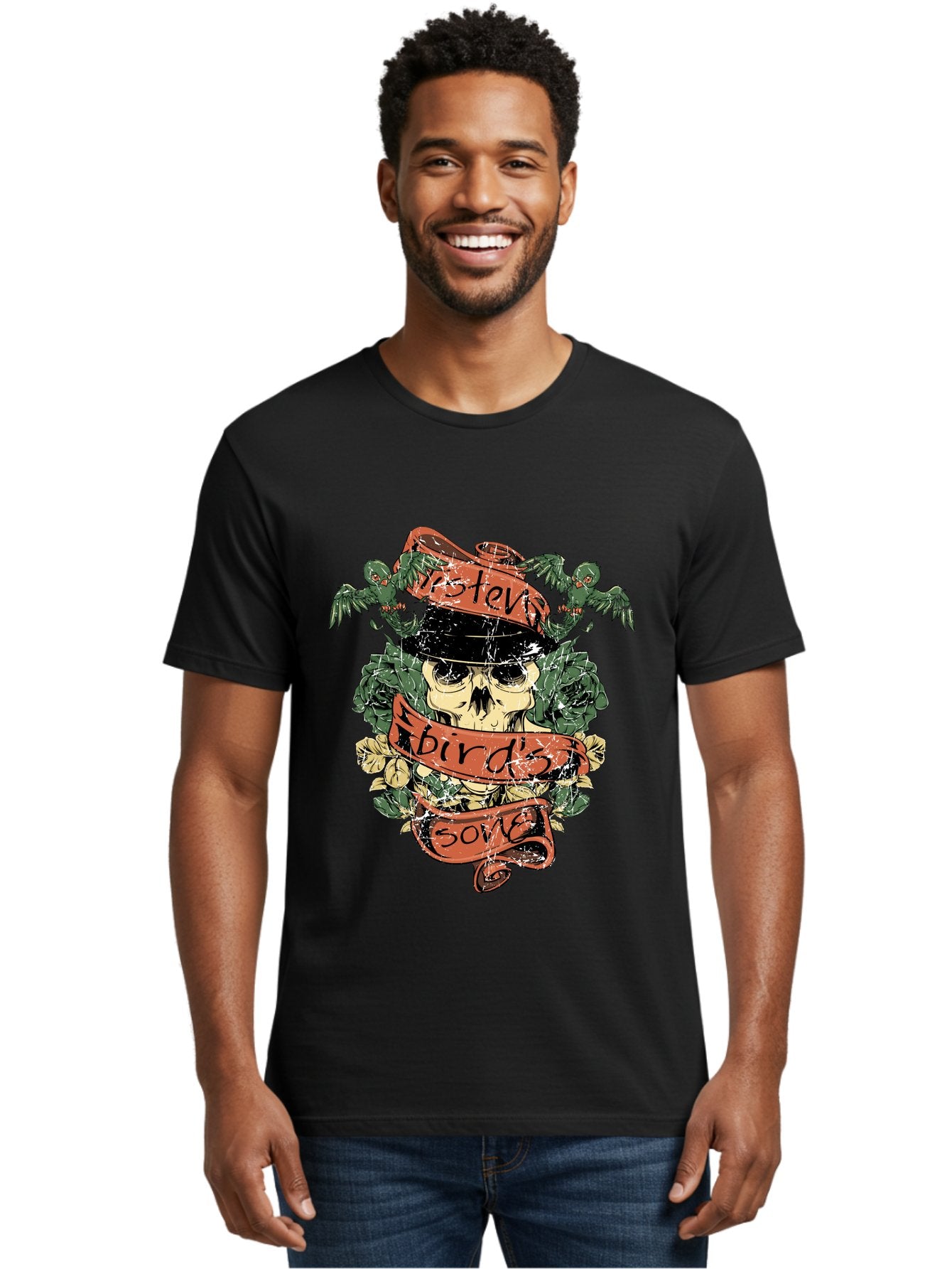 Birds & Bones Men'S Graphic Tee, 100% Cotton, Comfortable Casual Summer Wear, Machine Washable, Skull Wearing Black Hat, Floral Wreath, Red Ribbons, Steve Bird'S Song, Vintage Illustration, Tattoo Art, Grunge Style, Floral Design, Skull Art Aae146 28