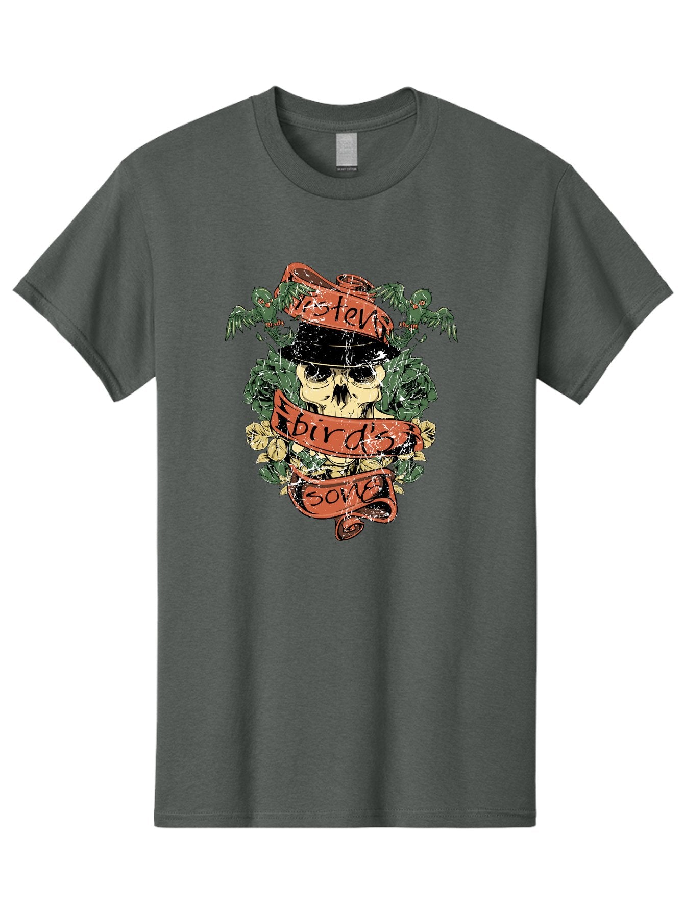 Birds & Bones Men'S Graphic Tee, 100% Cotton, Comfortable Casual Summer Wear, Machine Washable, Skull Wearing Black Hat, Floral Wreath, Red Ribbons, Steve Bird'S Song, Vintage Illustration, Tattoo Art, Grunge Style, Floral Design, Skull Art Aae146 5
