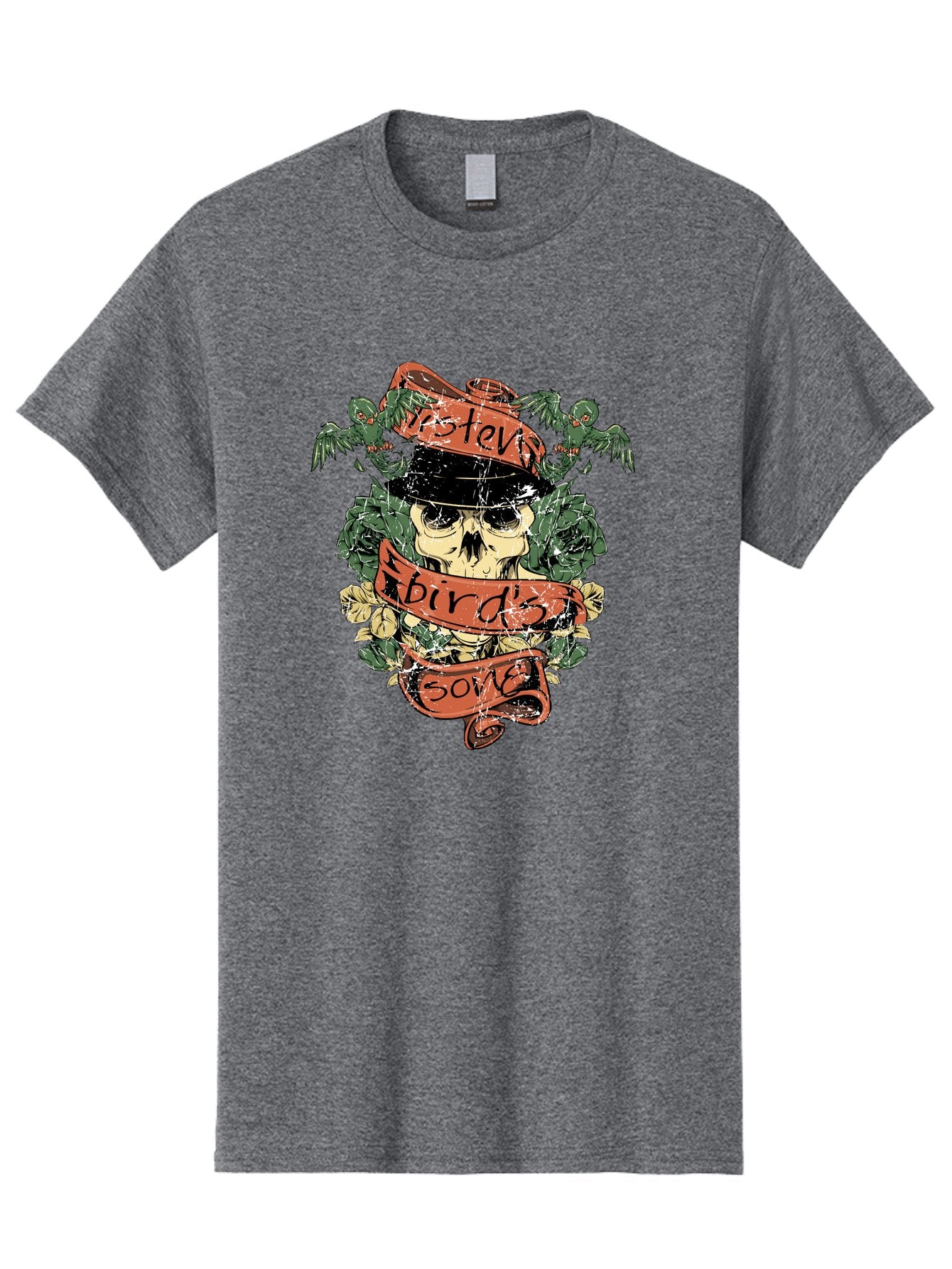 Birds & Bones Men'S Graphic Tee, 100% Cotton, Comfortable Casual Summer Wear, Machine Washable, Skull Wearing Black Hat, Floral Wreath, Red Ribbons, Steve Bird'S Song, Vintage Illustration, Tattoo Art, Grunge Style, Floral Design, Skull Art Aae146 7