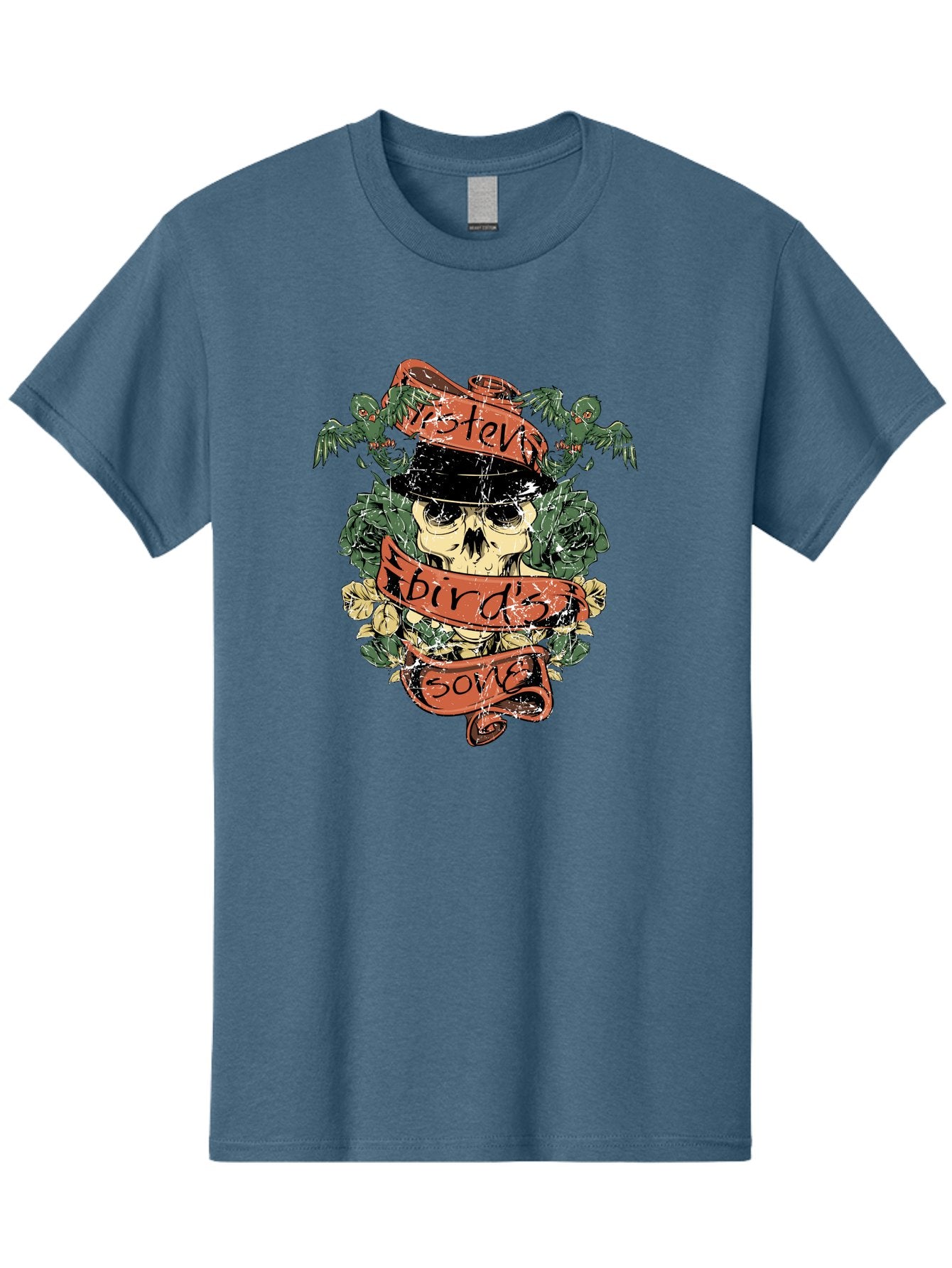 Birds & Bones Men'S Graphic Tee, 100% Cotton, Comfortable Casual Summer Wear, Machine Washable, Skull Wearing Black Hat, Floral Wreath, Red Ribbons, Steve Bird'S Song, Vintage Illustration, Tattoo Art, Grunge Style, Floral Design, Skull Art Aae146 13