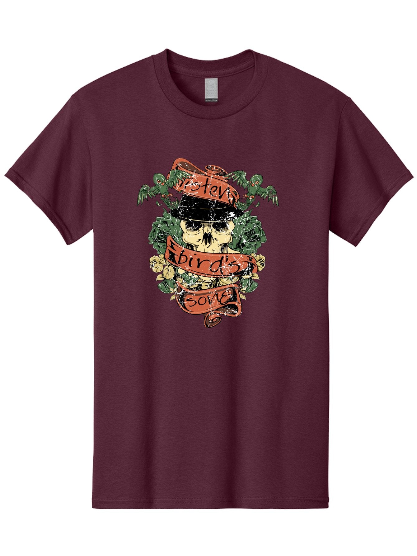 Birds & Bones Men'S Graphic Tee, 100% Cotton, Comfortable Casual Summer Wear, Machine Washable, Skull Wearing Black Hat, Floral Wreath, Red Ribbons, Steve Bird'S Song, Vintage Illustration, Tattoo Art, Grunge Style, Floral Design, Skull Art Aae146 10