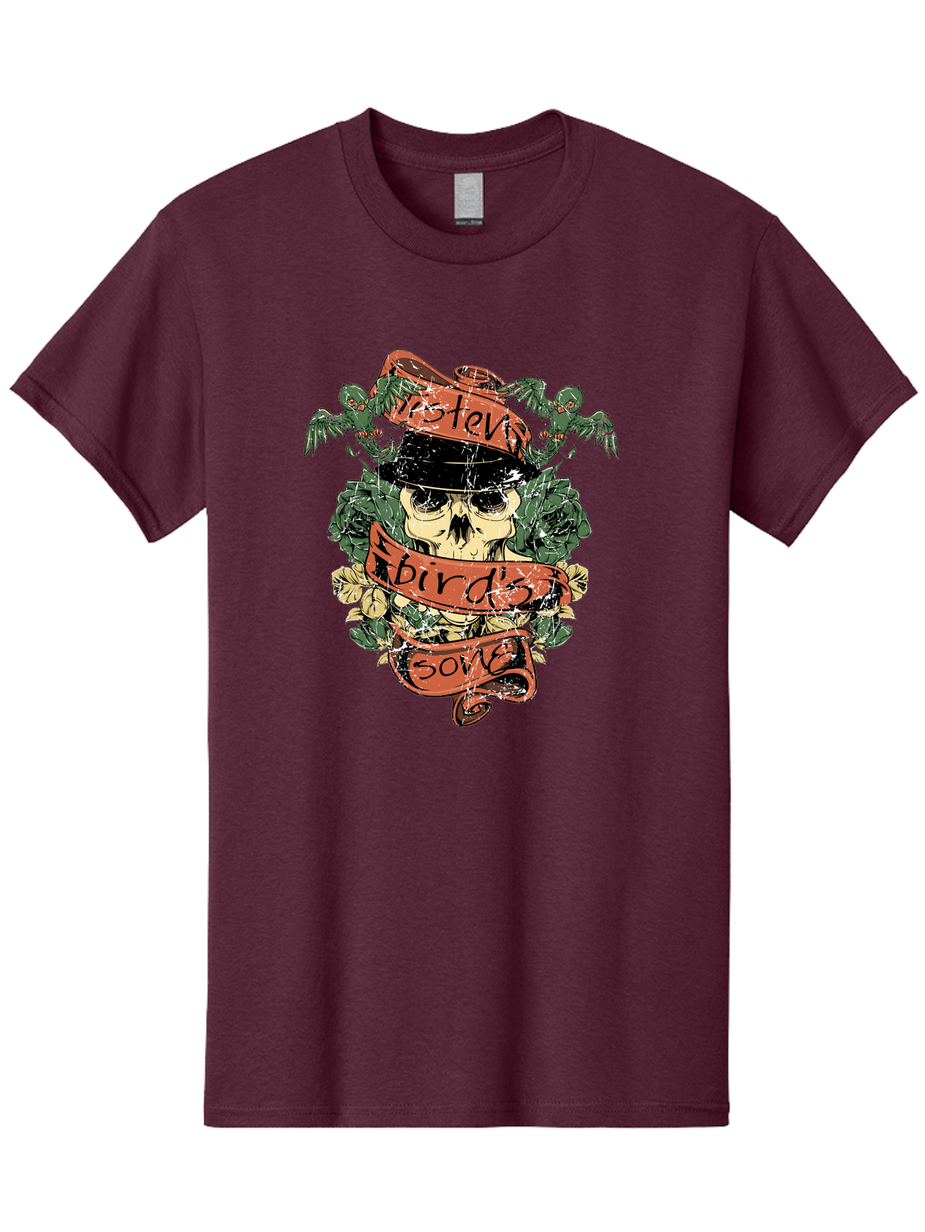 Birds & Bones Men'S Graphic Tee, 100% Cotton, Comfortable Casual Summer Wear, Machine Washable, Skull Wearing Black Hat, Floral Wreath, Red Ribbons, Steve Bird'S Song, Vintage Illustration, Tattoo Art, Grunge Style, Floral Design, Skull Art Aae146