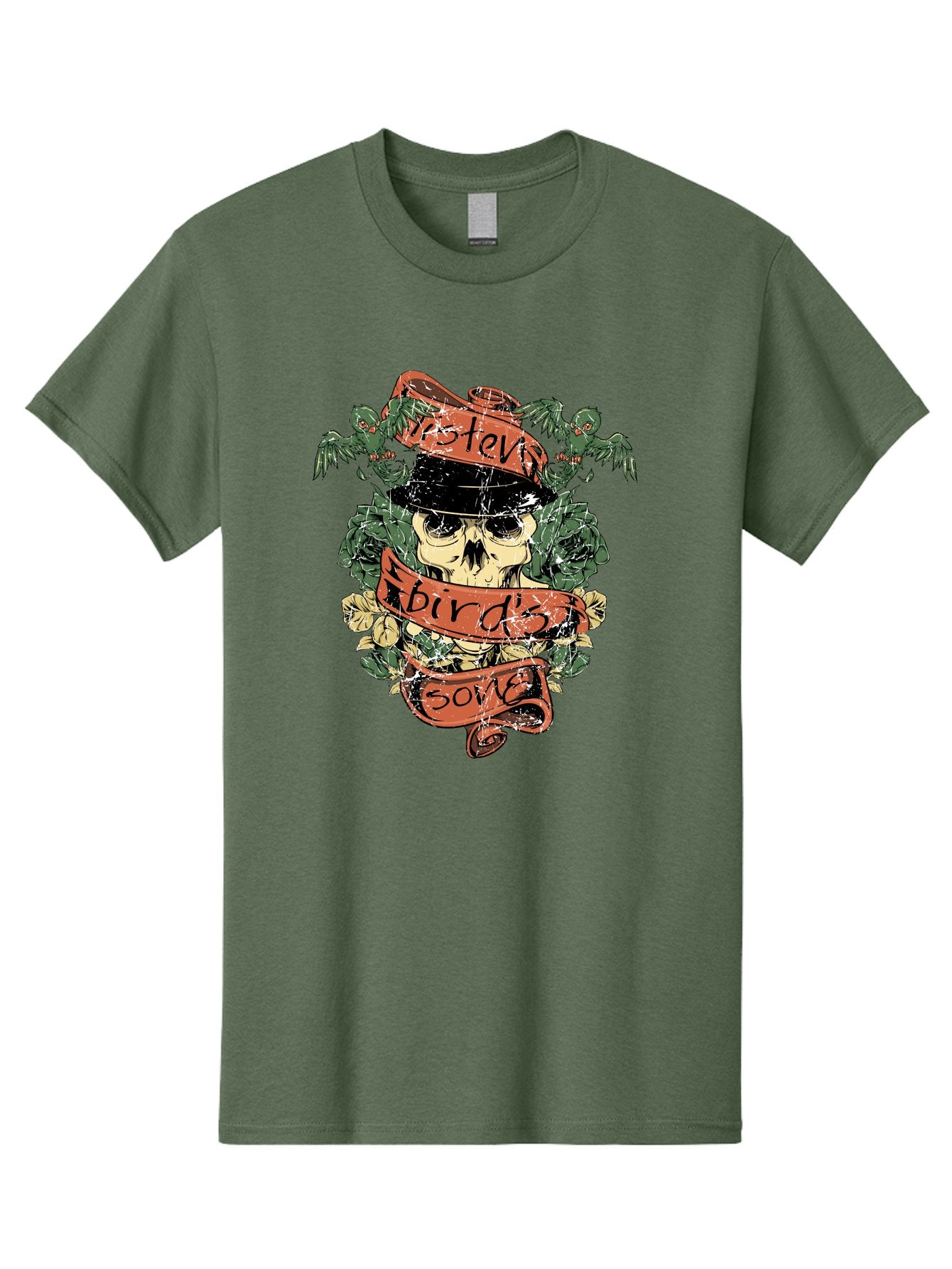 Birds & Bones Men'S Graphic Tee, 100% Cotton, Comfortable Casual Summer Wear, Machine Washable, Skull Wearing Black Hat, Floral Wreath, Red Ribbons, Steve Bird'S Song, Vintage Illustration, Tattoo Art, Grunge Style, Floral Design, Skull Art Aae146