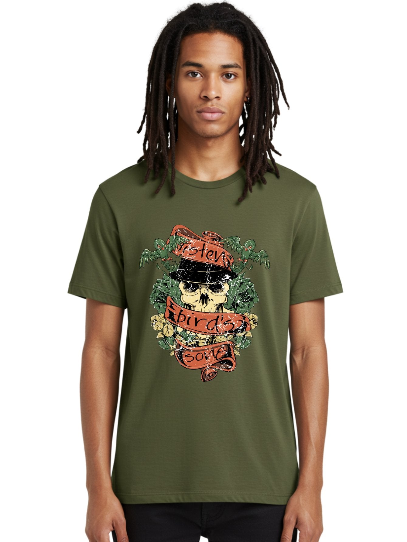 Birds & Bones Men'S Graphic Tee, 100% Cotton, Comfortable Casual Summer Wear, Machine Washable, Skull Wearing Black Hat, Floral Wreath, Red Ribbons, Steve Bird'S Song, Vintage Illustration, Tattoo Art, Grunge Style, Floral Design, Skull Art Aae146 19
