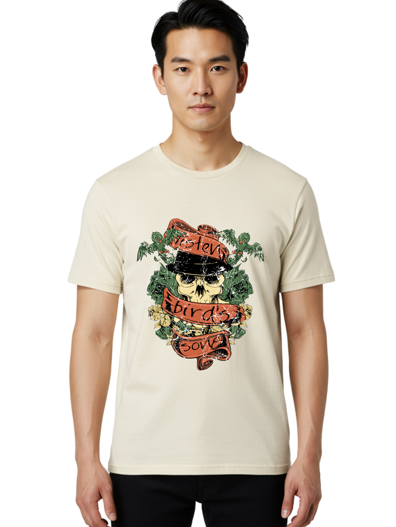 Birds & Bones Men'S Graphic Tee, 100% Cotton, Comfortable Casual Summer Wear, Machine Washable, Skull Wearing Black Hat, Floral Wreath, Red Ribbons, Steve Bird'S Song, Vintage Illustration, Tattoo Art, Grunge Style, Floral Design, Skull Art Aae146 20