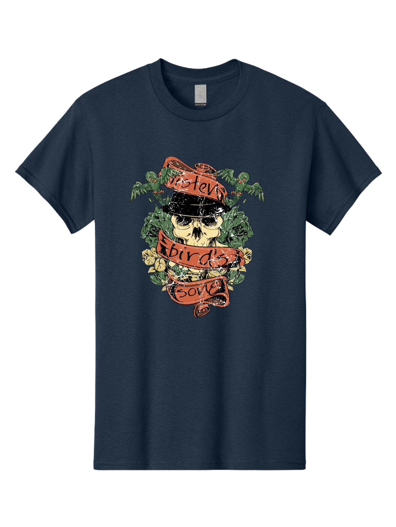 Birds & Bones Men'S Graphic Tee, 100% Cotton, Comfortable Casual Summer Wear, Machine Washable, Skull Wearing Black Hat, Floral Wreath, Red Ribbons, Steve Bird'S Song, Vintage Illustration, Tattoo Art, Grunge Style, Floral Design, Skull Art Aae146 6