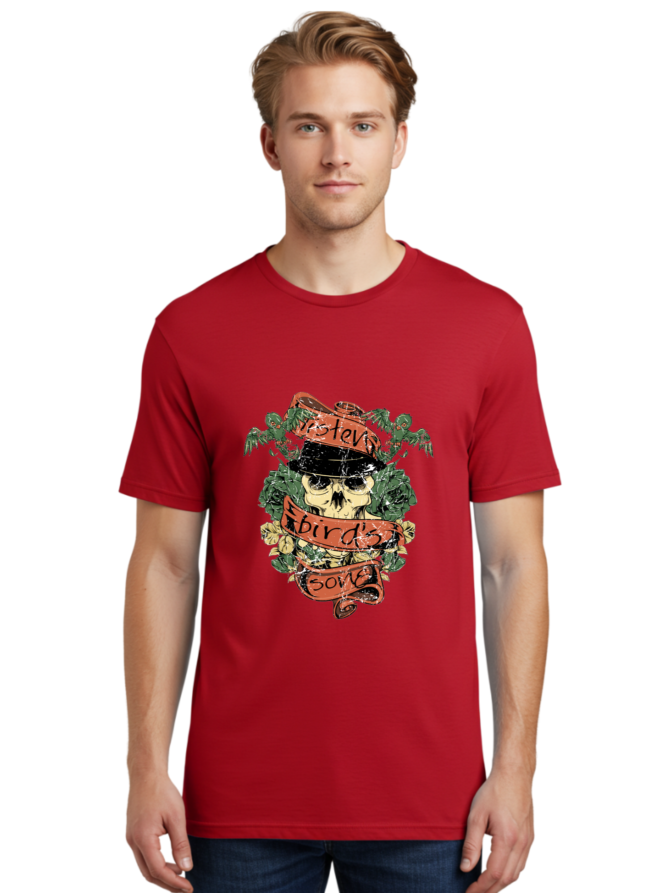 Birds & Bones Men'S Graphic Tee, 100% Cotton, Comfortable Casual Summer Wear, Machine Washable, Skull Wearing Black Hat, Floral Wreath, Red Ribbons, Steve Bird'S Song, Vintage Illustration, Tattoo Art, Grunge Style, Floral Design, Skull Art Aae146 14