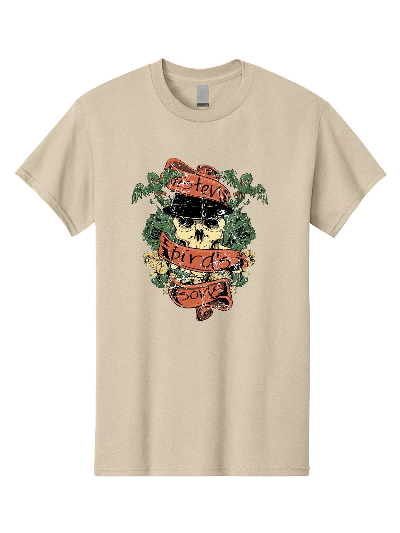 Birds & Bones Men'S Graphic Tee, 100% Cotton, Comfortable Casual Summer Wear, Machine Washable, Skull Wearing Black Hat, Floral Wreath, Red Ribbons, Steve Bird'S Song, Vintage Illustration, Tattoo Art, Grunge Style, Floral Design, Skull Art Aae146 14