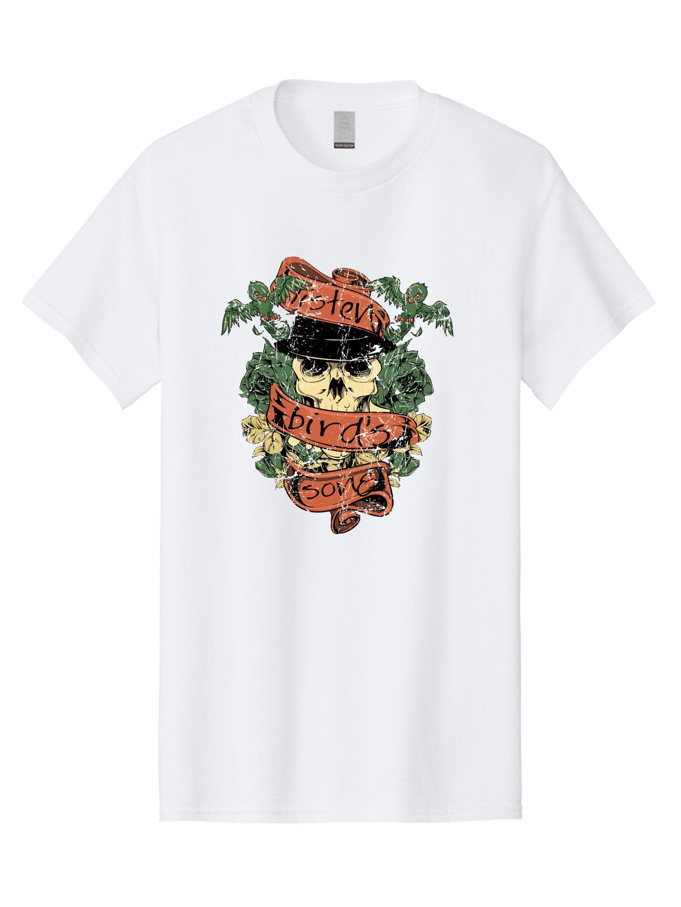 Birds & Bones Men'S Graphic Tee, 100% Cotton, Comfortable Casual Summer Wear, Machine Washable, Skull Wearing Black Hat, Floral Wreath, Red Ribbons, Steve Bird'S Song, Vintage Illustration, Tattoo Art, Grunge Style, Floral Design, Skull Art Aae146 15