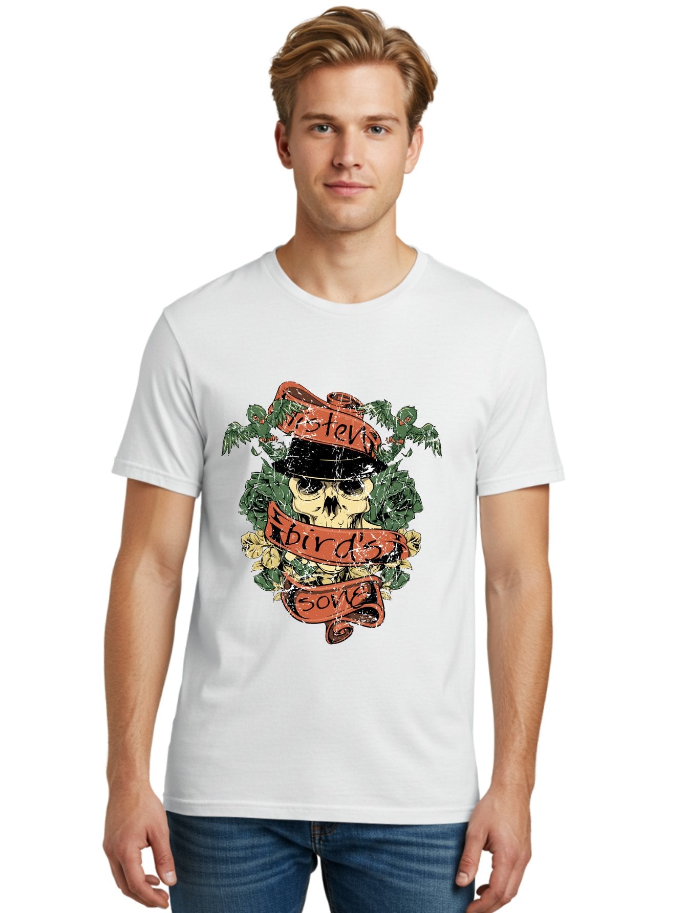 Birds & Bones Men'S Graphic Tee, 100% Cotton, Comfortable Casual Summer Wear, Machine Washable, Skull Wearing Black Hat, Floral Wreath, Red Ribbons, Steve Bird'S Song, Vintage Illustration, Tattoo Art, Grunge Style, Floral Design, Skull Art Aae146 30