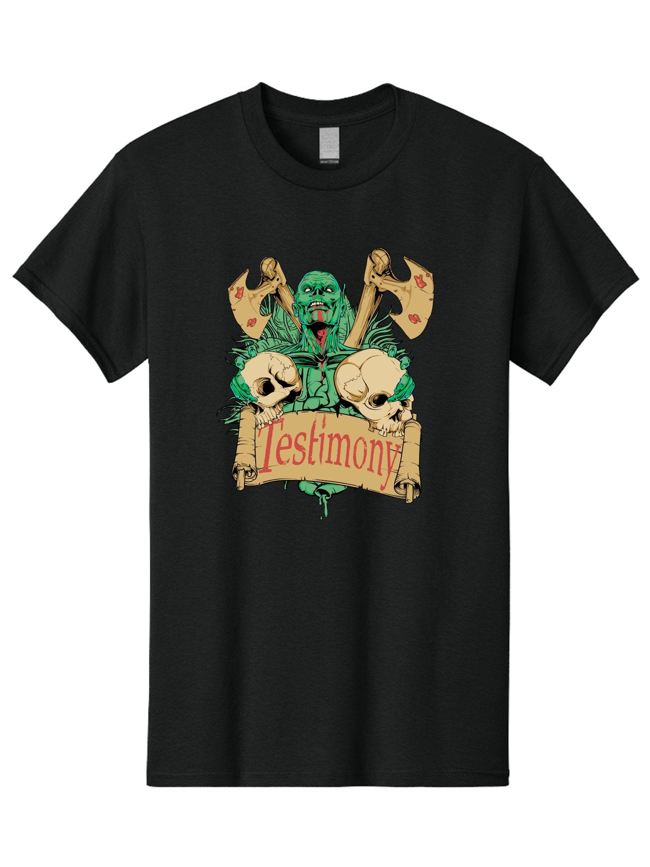 Blood Axe Testimony Men'S Graphic Tee, 100% Cotton, Comfortable Casual Summer Wear, Machine Washable, Zombie Holding Banner, Testimony Scroll, Skulls And Axes, Horror Elements, Dark Fantasy Art, Eerie Atmosphere, Intense Graphic Design, Aae149 14