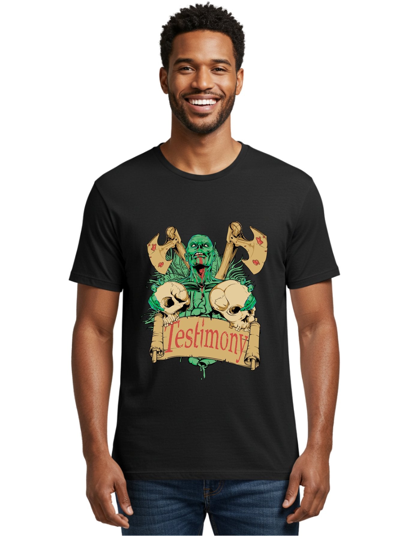 Blood Axe Testimony Men'S Graphic Tee, 100% Cotton, Comfortable Casual Summer Wear, Machine Washable, Zombie Holding Banner, Testimony Scroll, Skulls And Axes, Horror Elements, Dark Fantasy Art, Eerie Atmosphere, Intense Graphic Design, Aae149 29
