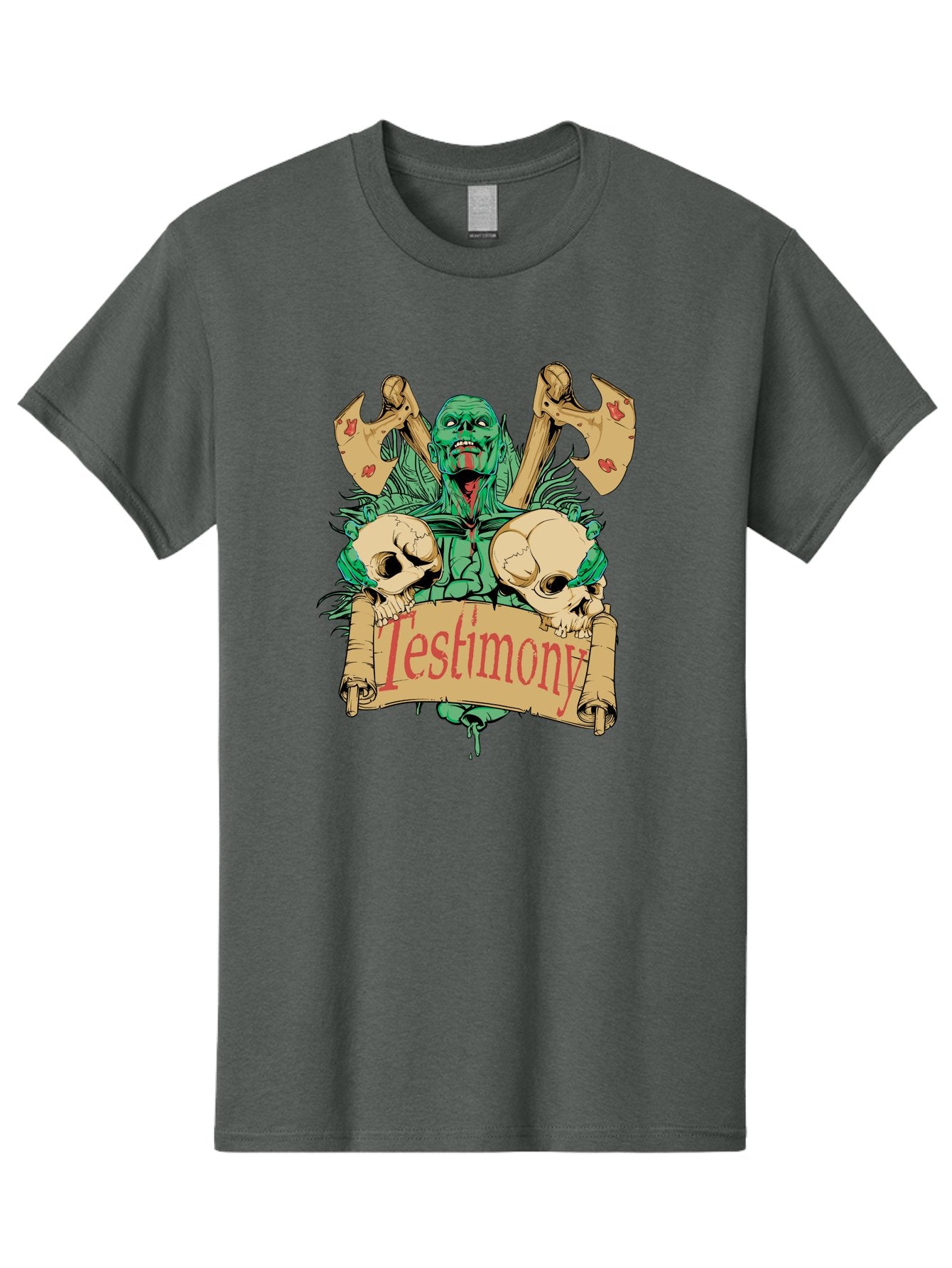 Blood Axe Testimony Men'S Graphic Tee, 100% Cotton, Comfortable Casual Summer Wear, Machine Washable, Zombie Holding Banner, Testimony Scroll, Skulls And Axes, Horror Elements, Dark Fantasy Art, Eerie Atmosphere, Intense Graphic Design, Aae149 6