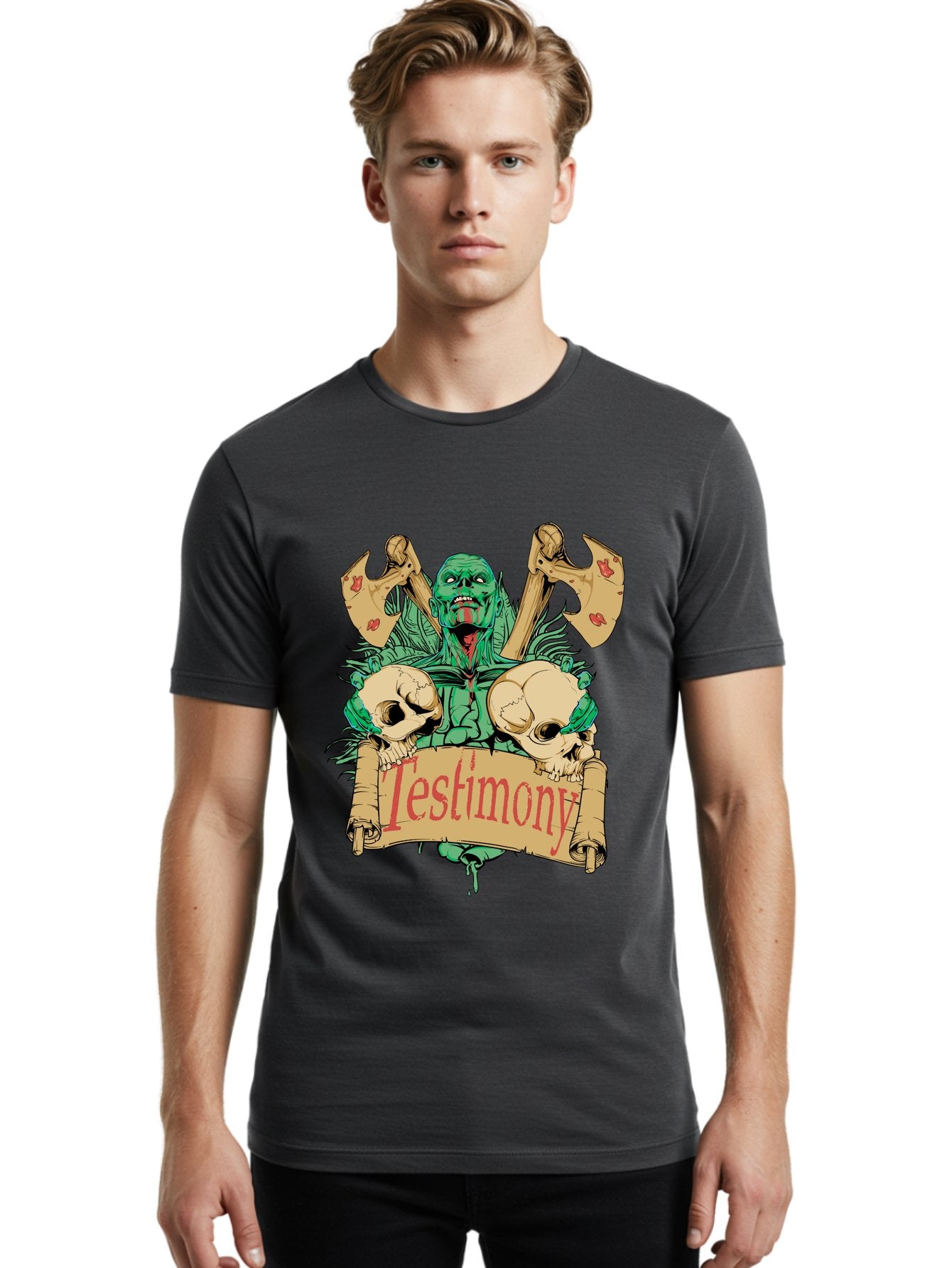 Blood Axe Testimony Men'S Graphic Tee, 100% Cotton, Comfortable Casual Summer Wear, Machine Washable, Zombie Holding Banner, Testimony Scroll, Skulls And Axes, Horror Elements, Dark Fantasy Art, Eerie Atmosphere, Intense Graphic Design, Aae149 21