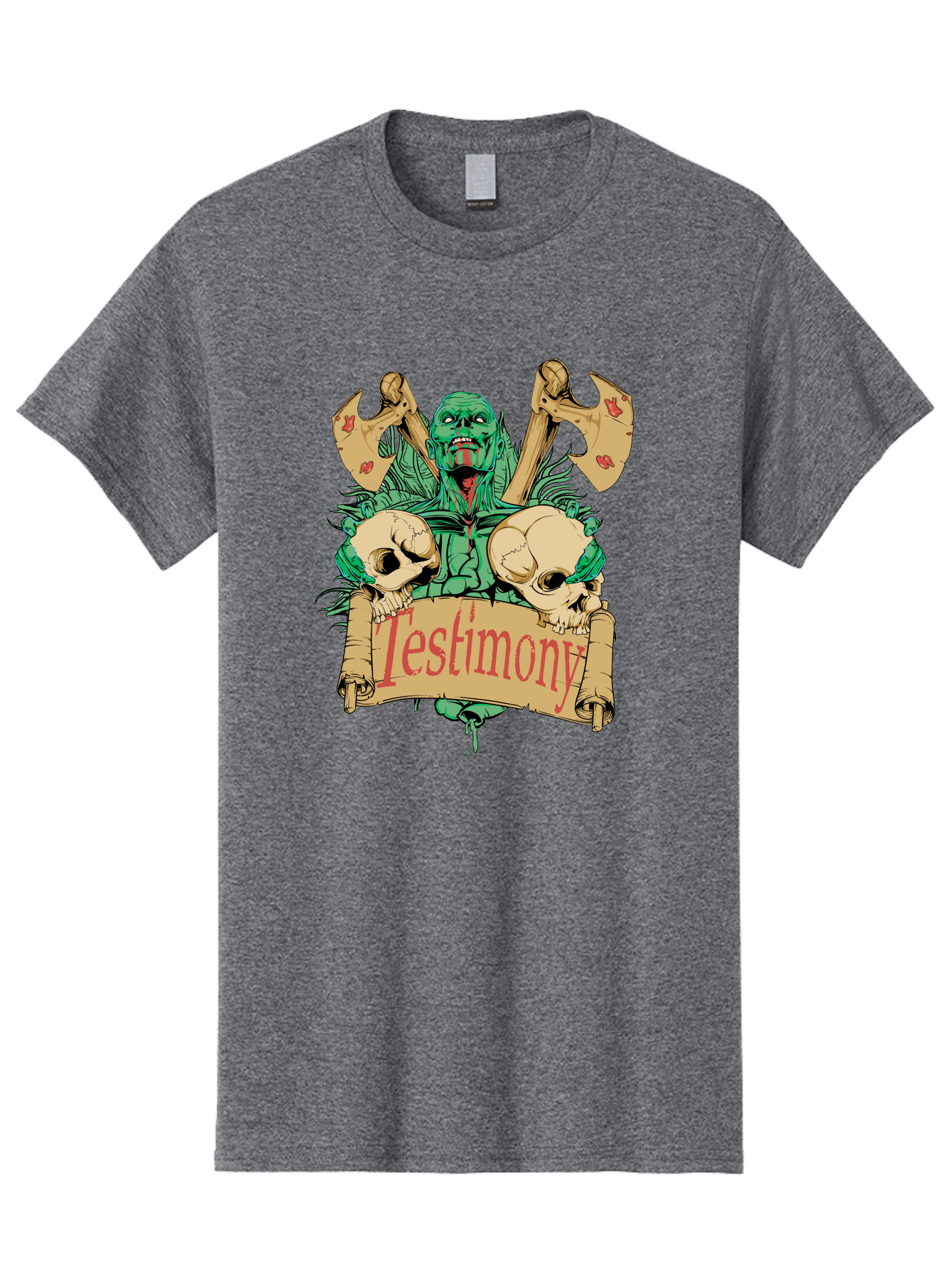 Blood Axe Testimony Men'S Graphic Tee, 100% Cotton, Comfortable Casual Summer Wear, Machine Washable, Zombie Holding Banner, Testimony Scroll, Skulls And Axes, Horror Elements, Dark Fantasy Art, Eerie Atmosphere, Intense Graphic Design, Aae149 25