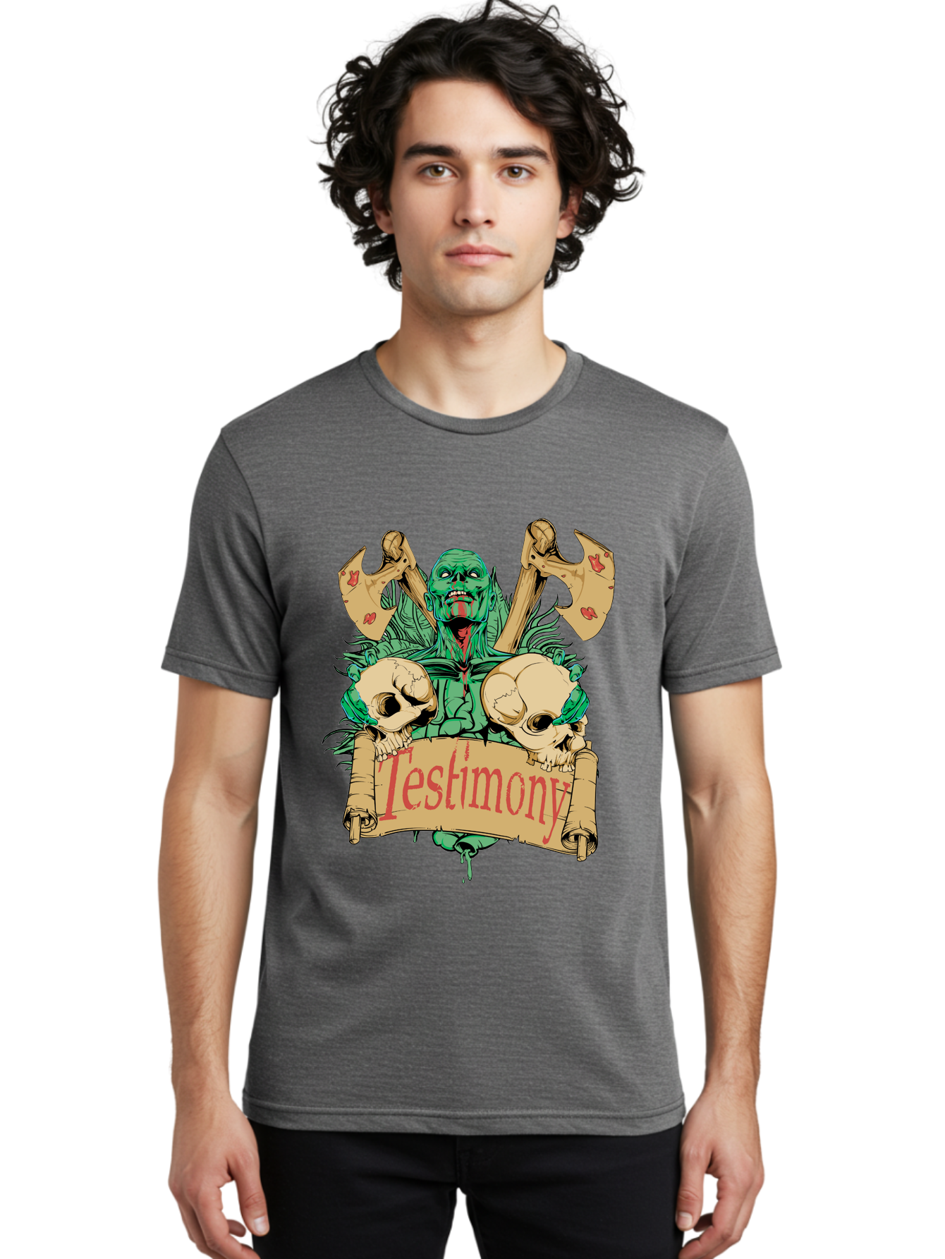 Blood Axe Testimony Men'S Graphic Tee, 100% Cotton, Comfortable Casual Summer Wear, Machine Washable, Zombie Holding Banner, Testimony Scroll, Skulls And Axes, Horror Elements, Dark Fantasy Art, Eerie Atmosphere, Intense Graphic Design, Aae149 26