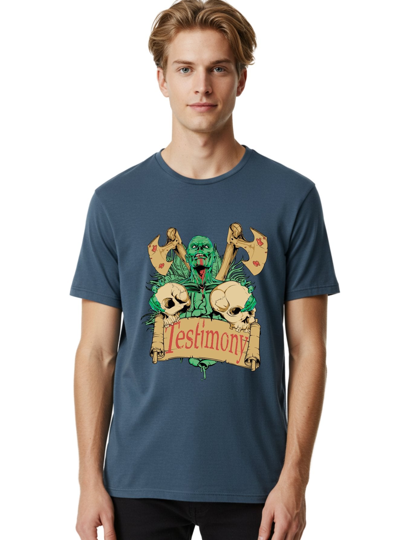 Blood Axe Testimony Men'S Graphic Tee, 100% Cotton, Comfortable Casual Summer Wear, Machine Washable, Zombie Holding Banner, Testimony Scroll, Skulls And Axes, Horror Elements, Dark Fantasy Art, Eerie Atmosphere, Intense Graphic Design, Aae149 26