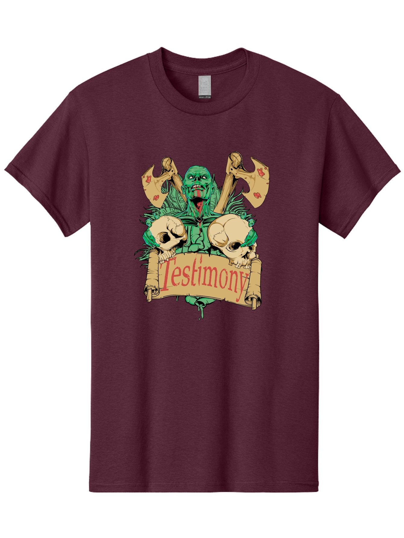 Blood Axe Testimony Men'S Graphic Tee, 100% Cotton, Comfortable Casual Summer Wear, Machine Washable, Zombie Holding Banner, Testimony Scroll, Skulls And Axes, Horror Elements, Dark Fantasy Art, Eerie Atmosphere, Intense Graphic Design, Aae149 10