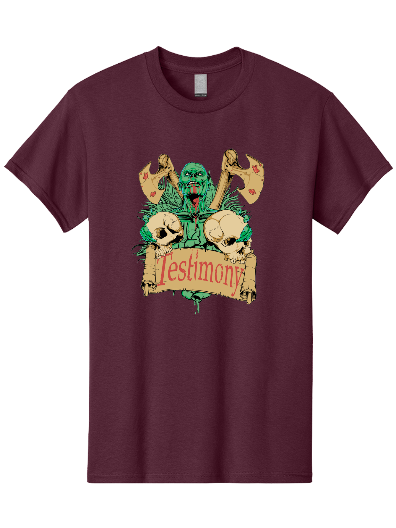 Blood Axe Testimony Men'S Graphic Tee, 100% Cotton, Comfortable Casual Summer Wear, Machine Washable, Zombie Holding Banner, Testimony Scroll, Skulls And Axes, Horror Elements, Dark Fantasy Art, Eerie Atmosphere, Intense Graphic Design, Aae149 7
