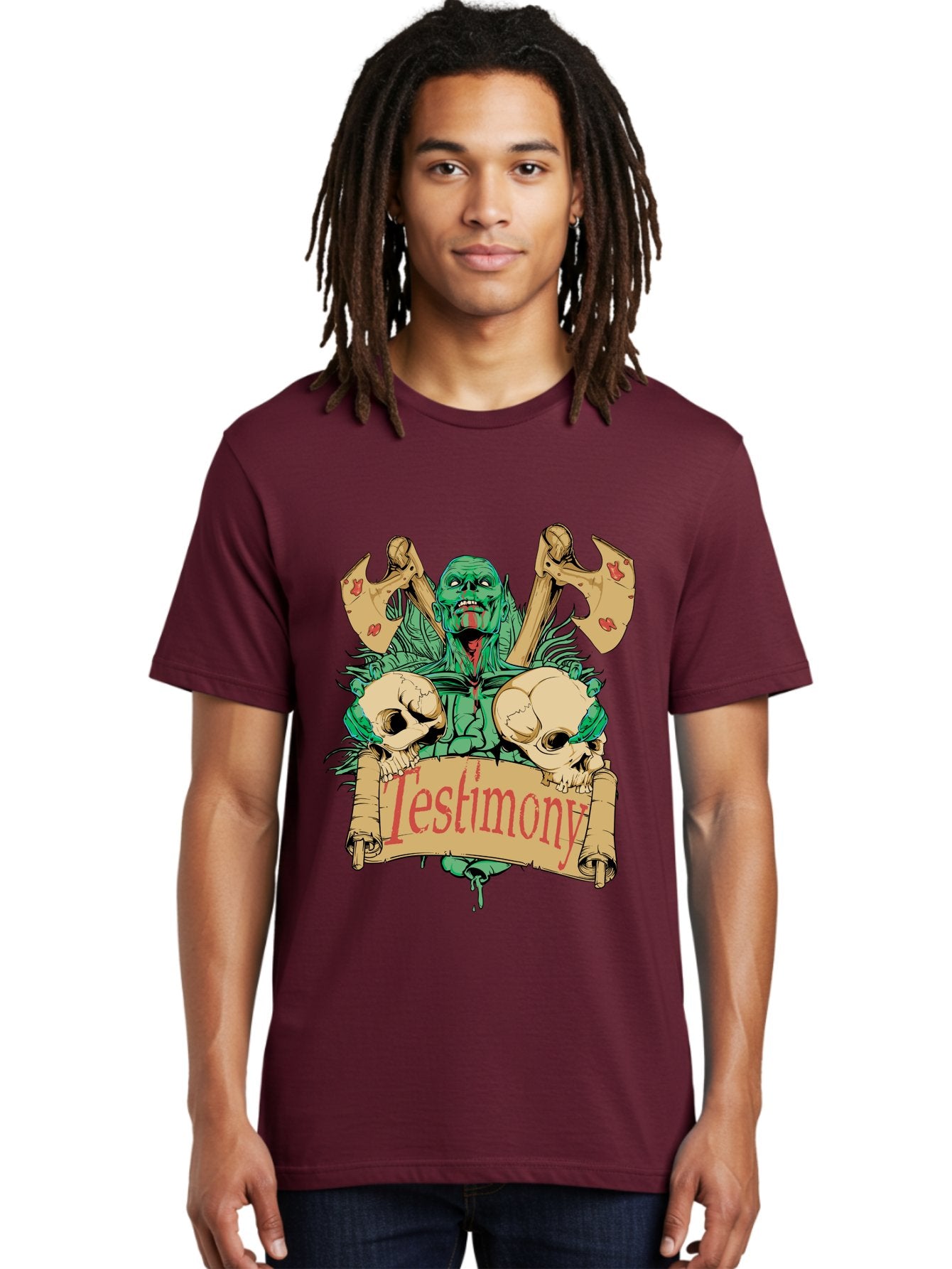 Blood Axe Testimony Men'S Graphic Tee, 100% Cotton, Comfortable Casual Summer Wear, Machine Washable, Zombie Holding Banner, Testimony Scroll, Skulls And Axes, Horror Elements, Dark Fantasy Art, Eerie Atmosphere, Intense Graphic Design, Aae149 17