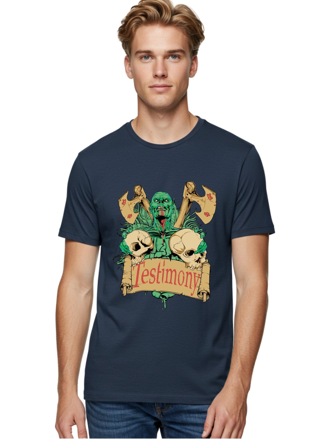 Blood Axe Testimony Men'S Graphic Tee, 100% Cotton, Comfortable Casual Summer Wear, Machine Washable, Zombie Holding Banner, Testimony Scroll, Skulls And Axes, Horror Elements, Dark Fantasy Art, Eerie Atmosphere, Intense Graphic Design, Aae149 16