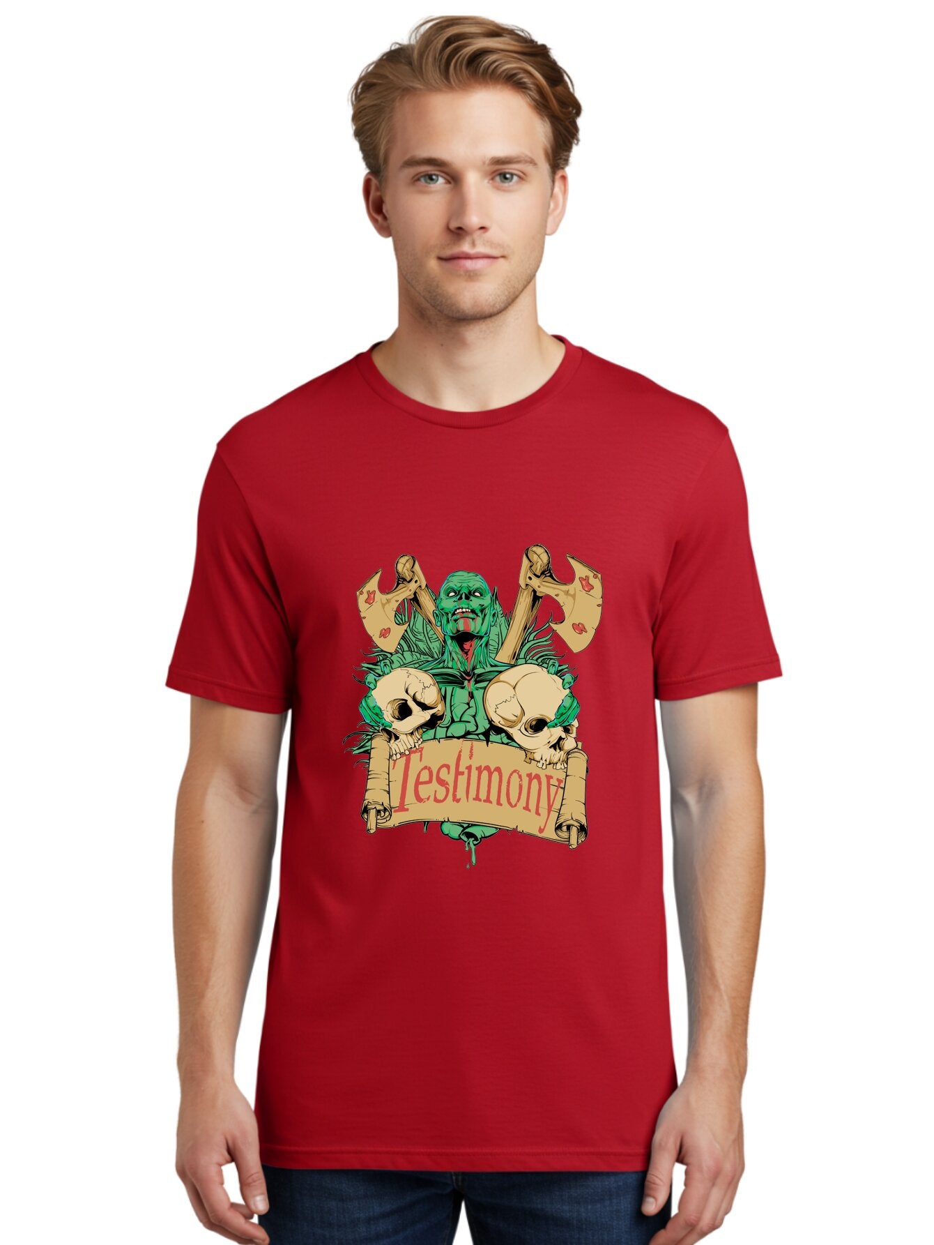 Blood Axe Testimony Men'S Graphic Tee, 100% Cotton, Comfortable Casual Summer Wear, Machine Washable, Zombie Holding Banner, Testimony Scroll, Skulls And Axes, Horror Elements, Dark Fantasy Art, Eerie Atmosphere, Intense Graphic Design, Aae149 27
