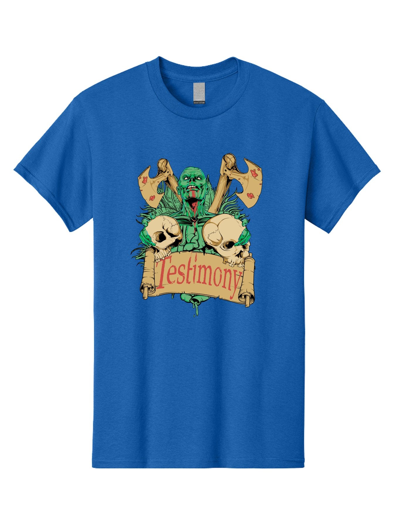 Blood Axe Testimony Men'S Graphic Tee, 100% Cotton, Comfortable Casual Summer Wear, Machine Washable, Zombie Holding Banner, Testimony Scroll, Skulls And Axes, Horror Elements, Dark Fantasy Art, Eerie Atmosphere, Intense Graphic Design, Aae149 15