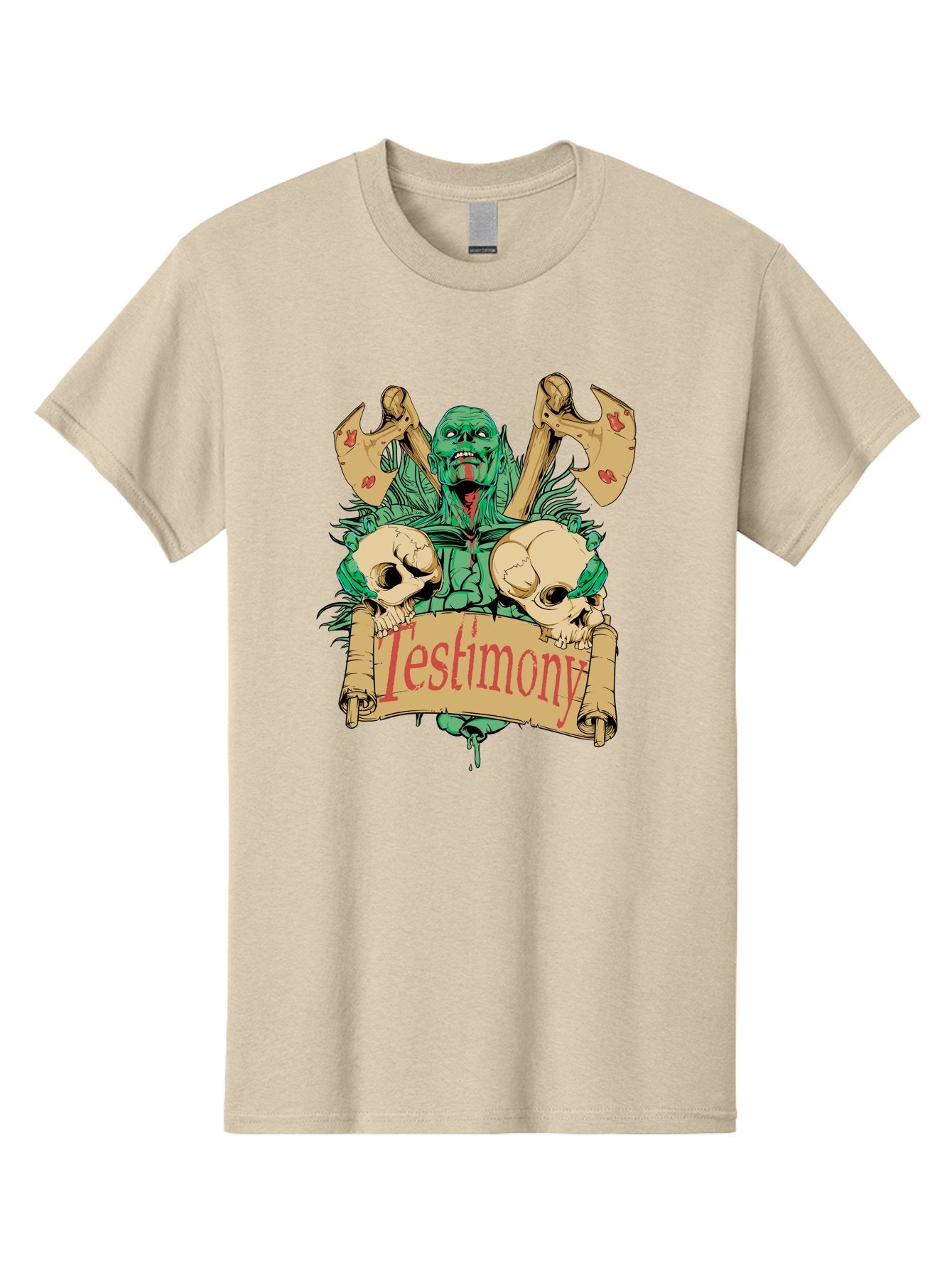 Blood Axe Testimony Men'S Graphic Tee, 100% Cotton, Comfortable Casual Summer Wear, Machine Washable, Zombie Holding Banner, Testimony Scroll, Skulls And Axes, Horror Elements, Dark Fantasy Art, Eerie Atmosphere, Intense Graphic Design, Aae149 5