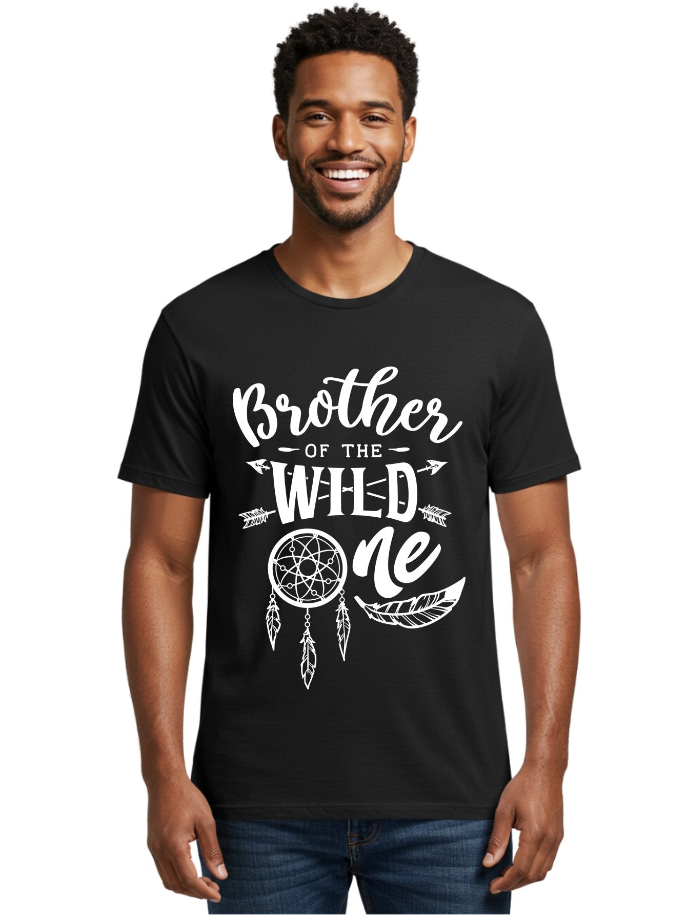 Brother Of The Wild One White Men'S Graphic Tee, 100% Cotton, Comfortable Casual Summer Wear, Machine Washable, Brother Of The Wild One, Dreamcatcher, Feathers, Bohemian Style, Tribal Design, Sibling Love, Wild Child, Sibling Pride Aae160 16