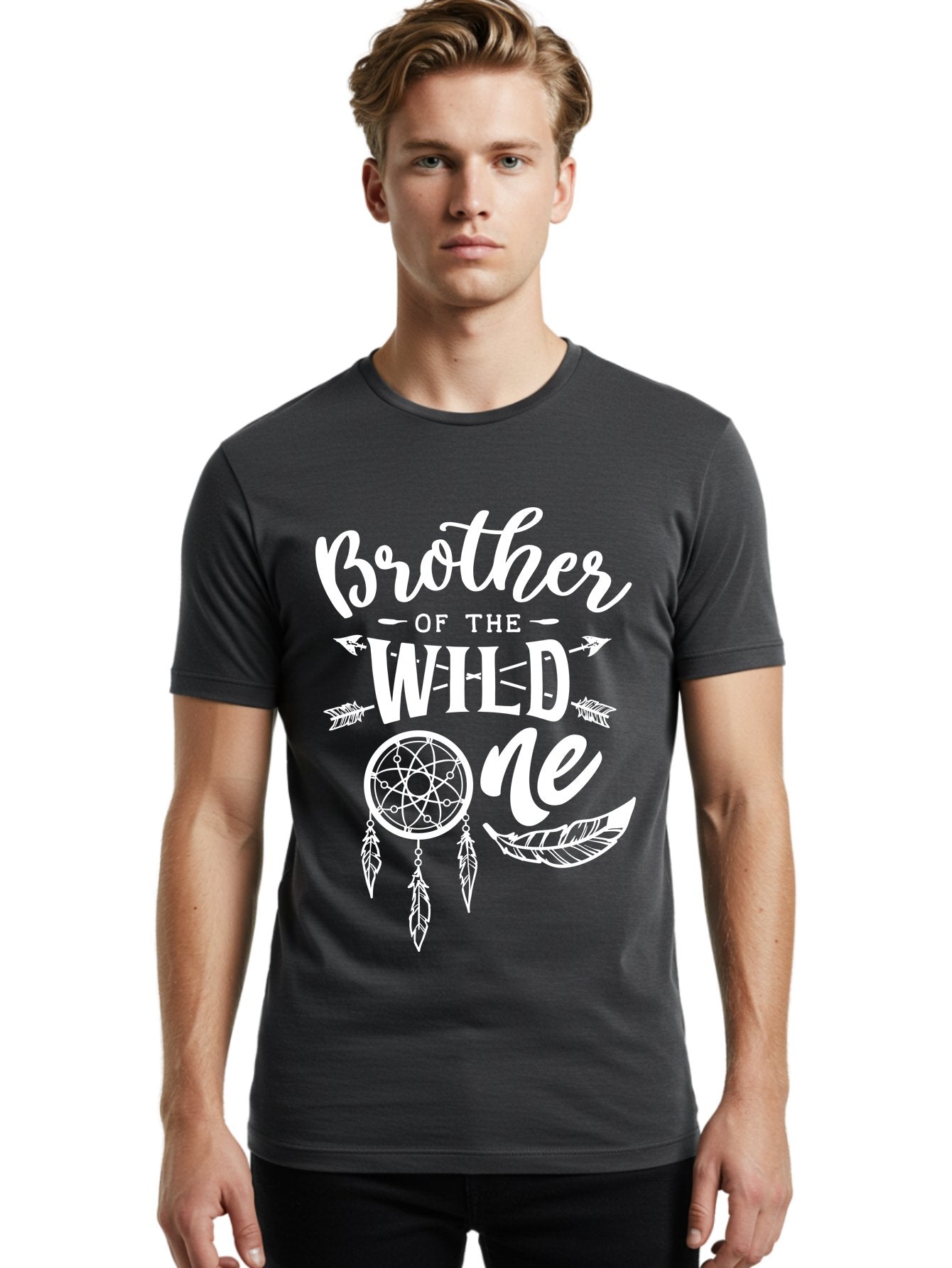 Brother Of The Wild One White Men'S Graphic Tee, 100% Cotton, Comfortable Casual Summer Wear, Machine Washable, Brother Of The Wild One, Dreamcatcher, Feathers, Bohemian Style, Tribal Design, Sibling Love, Wild Child, Sibling Pride Aae160 25